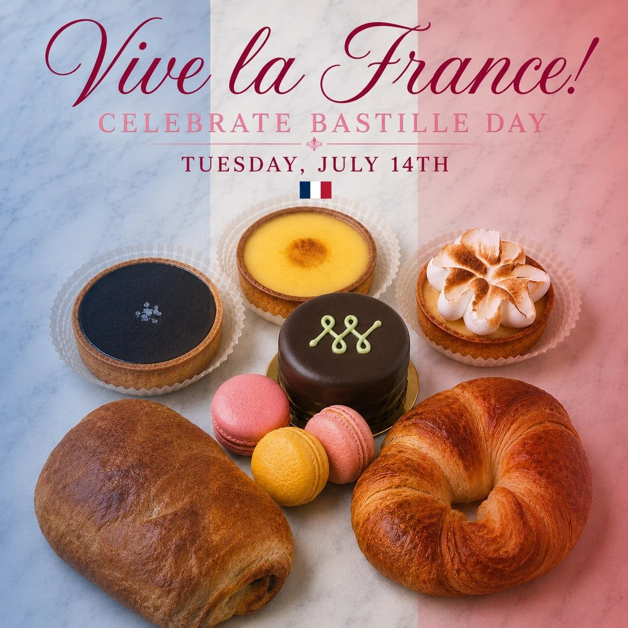 🇫🇷 Vive la France! 🇫🇷

Celebrate Bastille Day with us tomorrow, Tuesday, July 14th, at CocoLuxe Fine Pastries!

Stop by and enjoy our authentic French pastries, buttery croissants, delicate macarons, and other handcrafted favorites, all made fres
