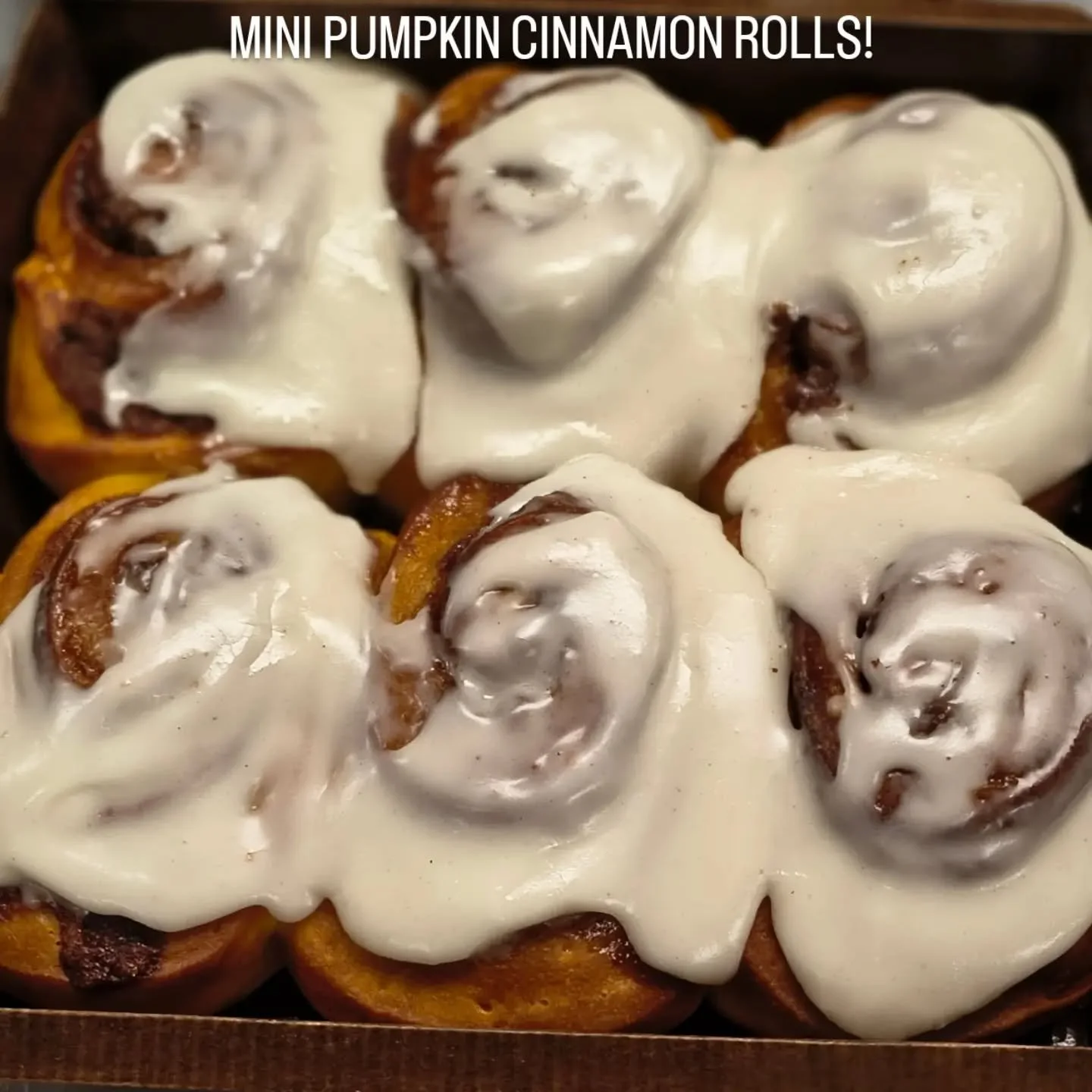 SPECIAL!! EVERY FRIDAY THROUGHOUT OCTOBER....TRAY OF 6 MINI PUMPKIN CINNAMON ROLLS!  LIMITED NUMBER AVAILABLE FOR SALE!  PLACE ORDERS 4 DAYS IN ADVANCE IF INTERESTED!