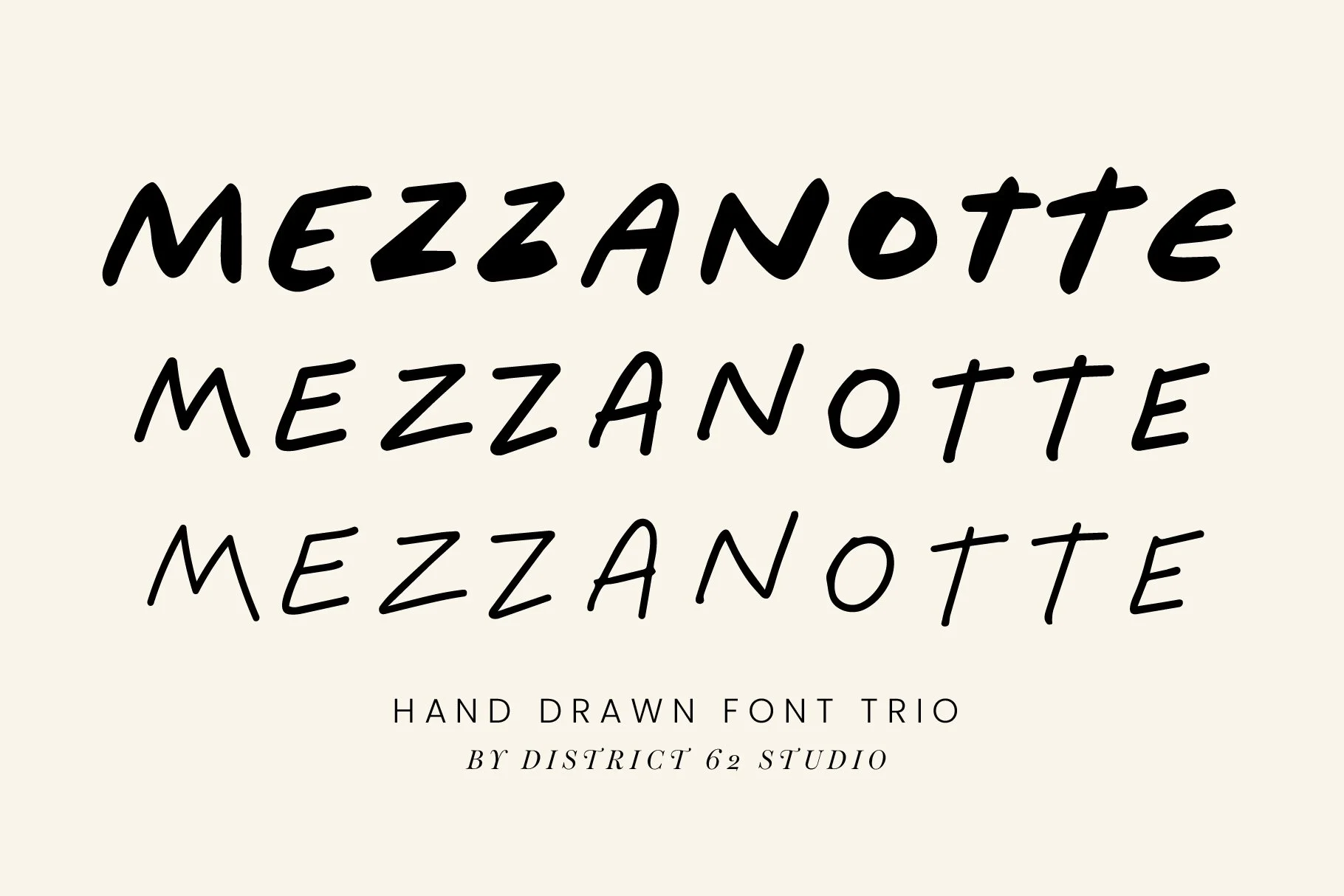Mezzanotte is a warm, modern hand-drawn font trio with bold personality, natural imperfections, alternates and ligatures for branding, menus and packaging.