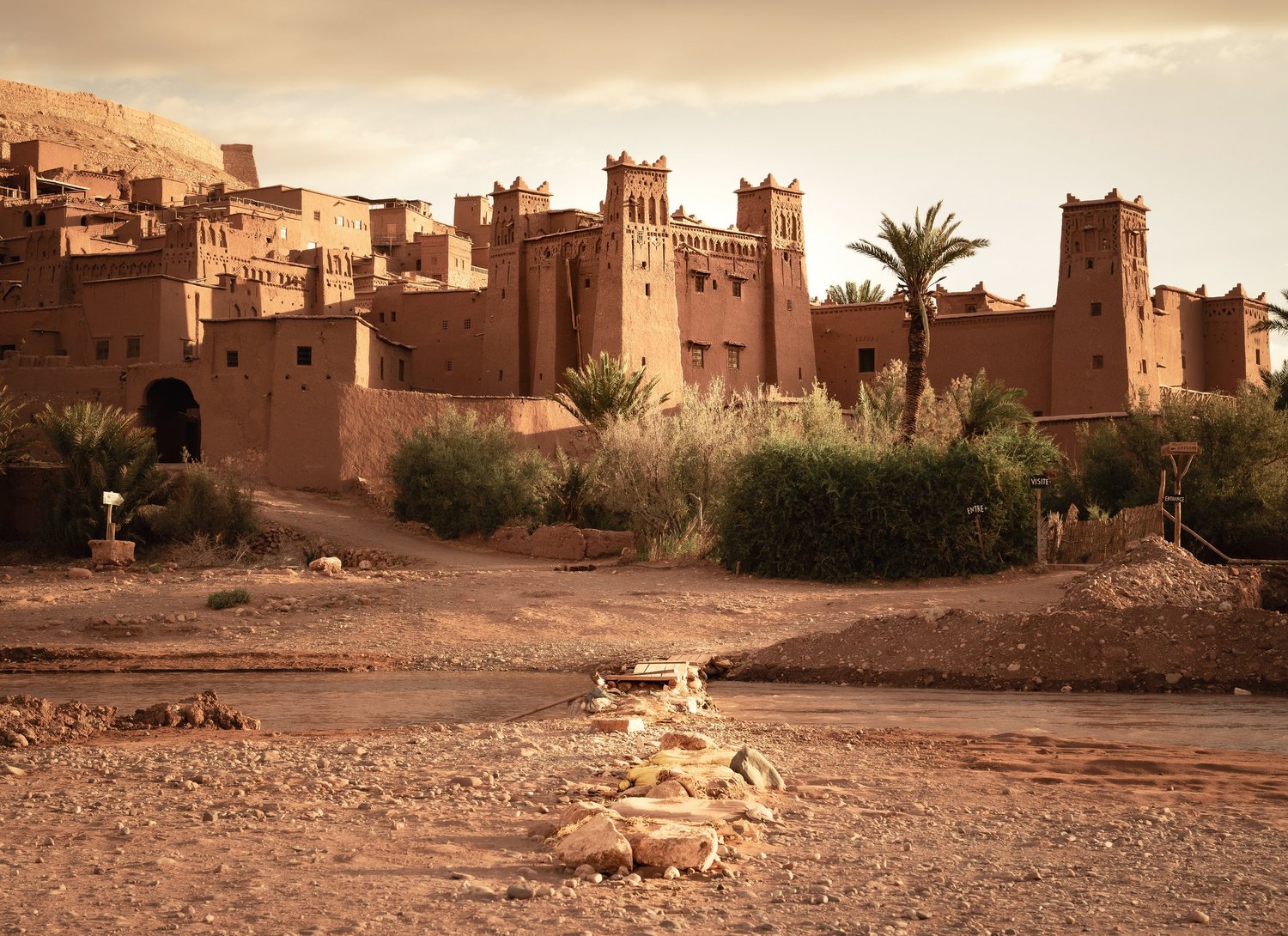 The clay and straw walls of Aït Benhaddou, a UNESCO ksar in Morocco, at sunrise