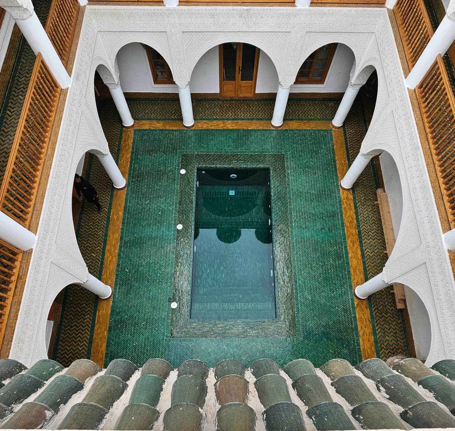 The central courtyard of a traditional Moroccan riad open to the sky