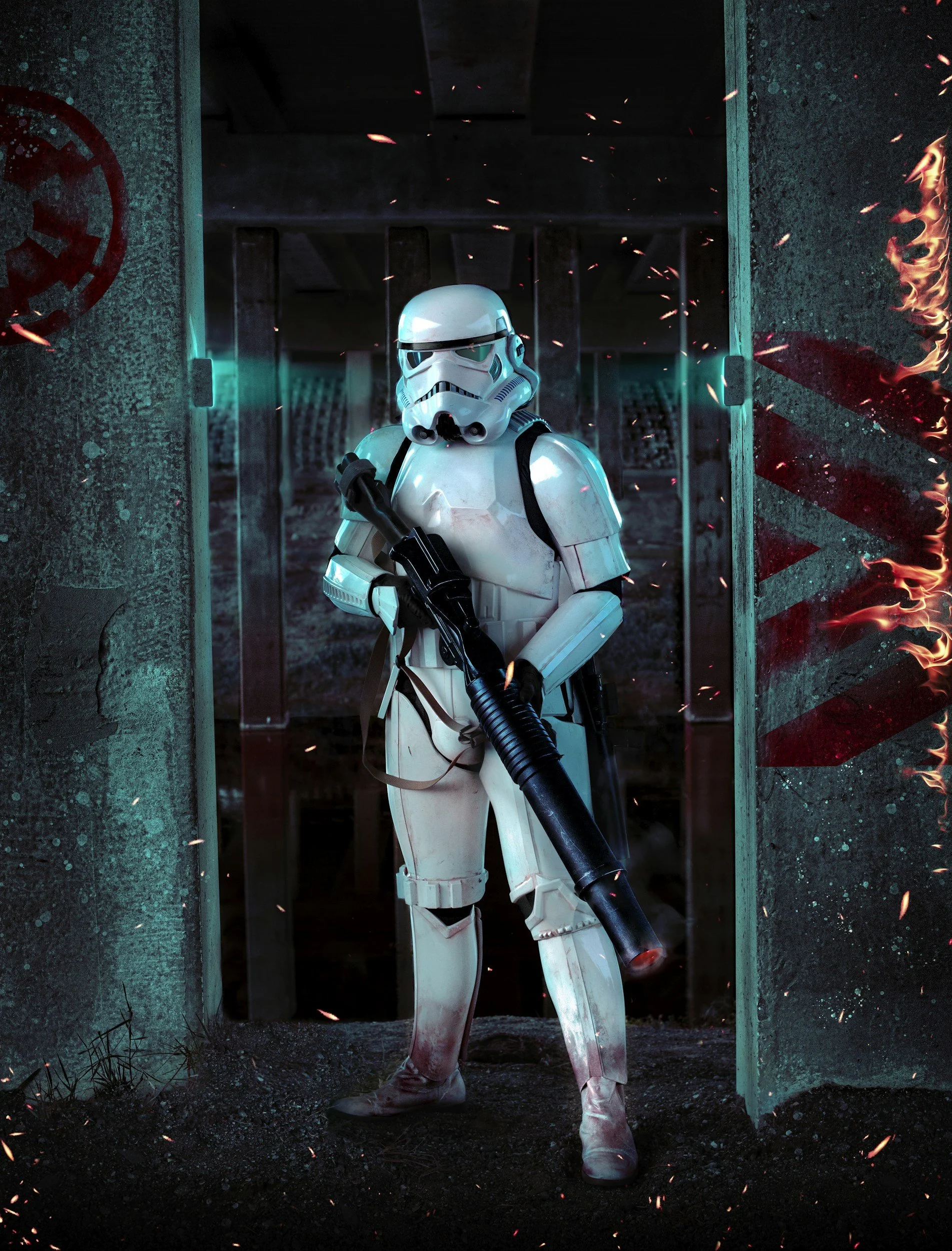 A person dressed as a Stormtrooper from Star Wars, holding a weapon, standing at an entrance with smoke or sparks, in a dark, industrial or sci-fi setting.