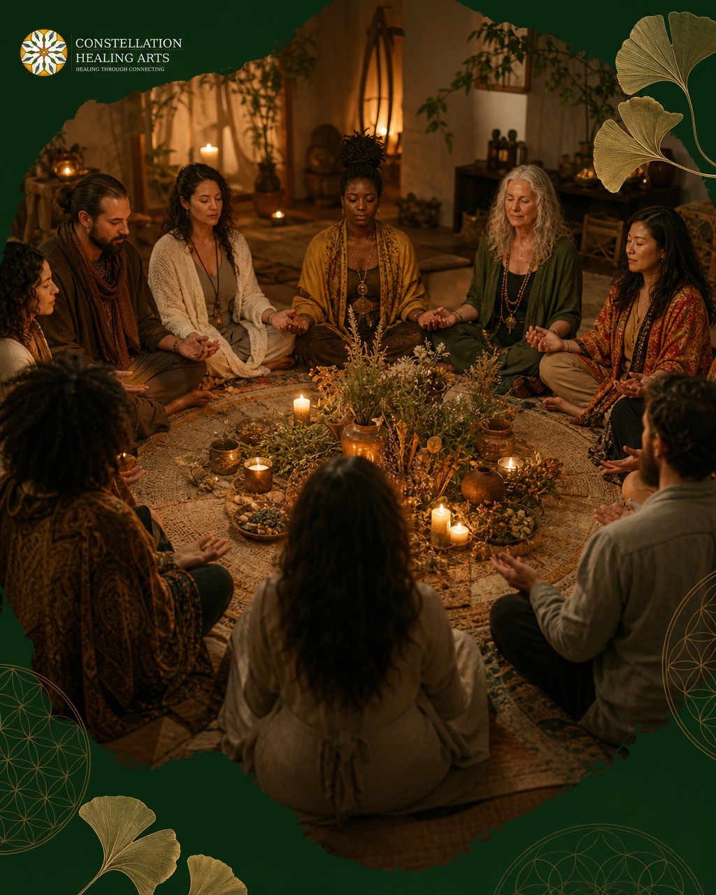 Group meditation circle indoors, warm lighting, dreamcatcher overhead, candles, seated people on cushions, plants and decorative elements.