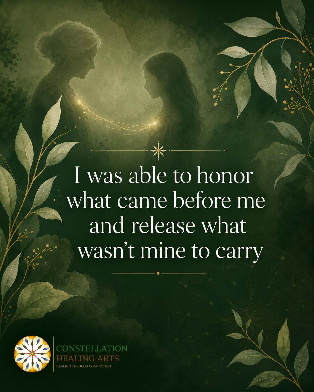 A woman and a young girl face each other with glowing lines connecting their hearts, surrounded by green leaves and soft lighting, conveying a spiritual or emotional connection.