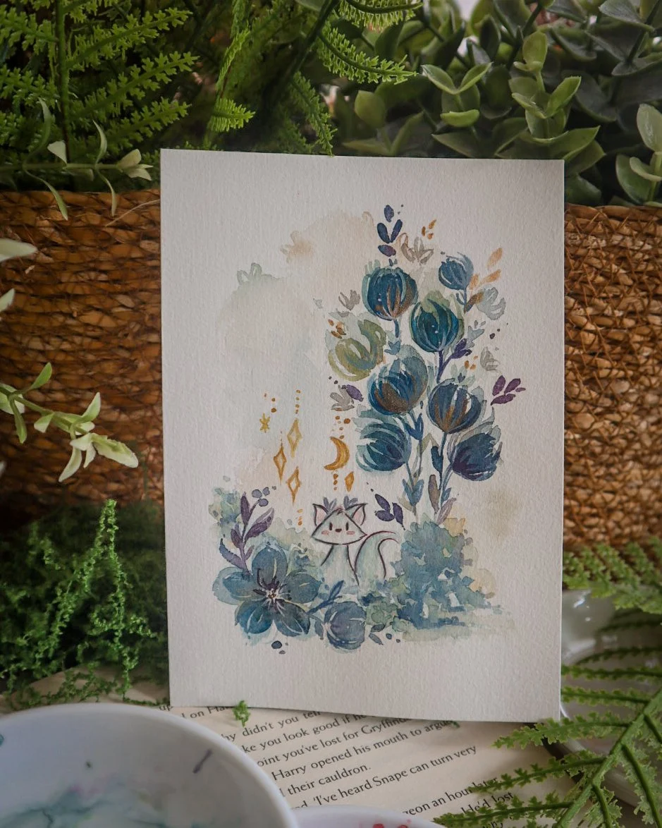 Blue Floral Moon Fox | Original Painting
