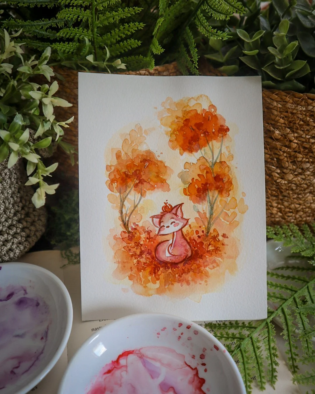 Red Floral Moon Fox | Original Painting