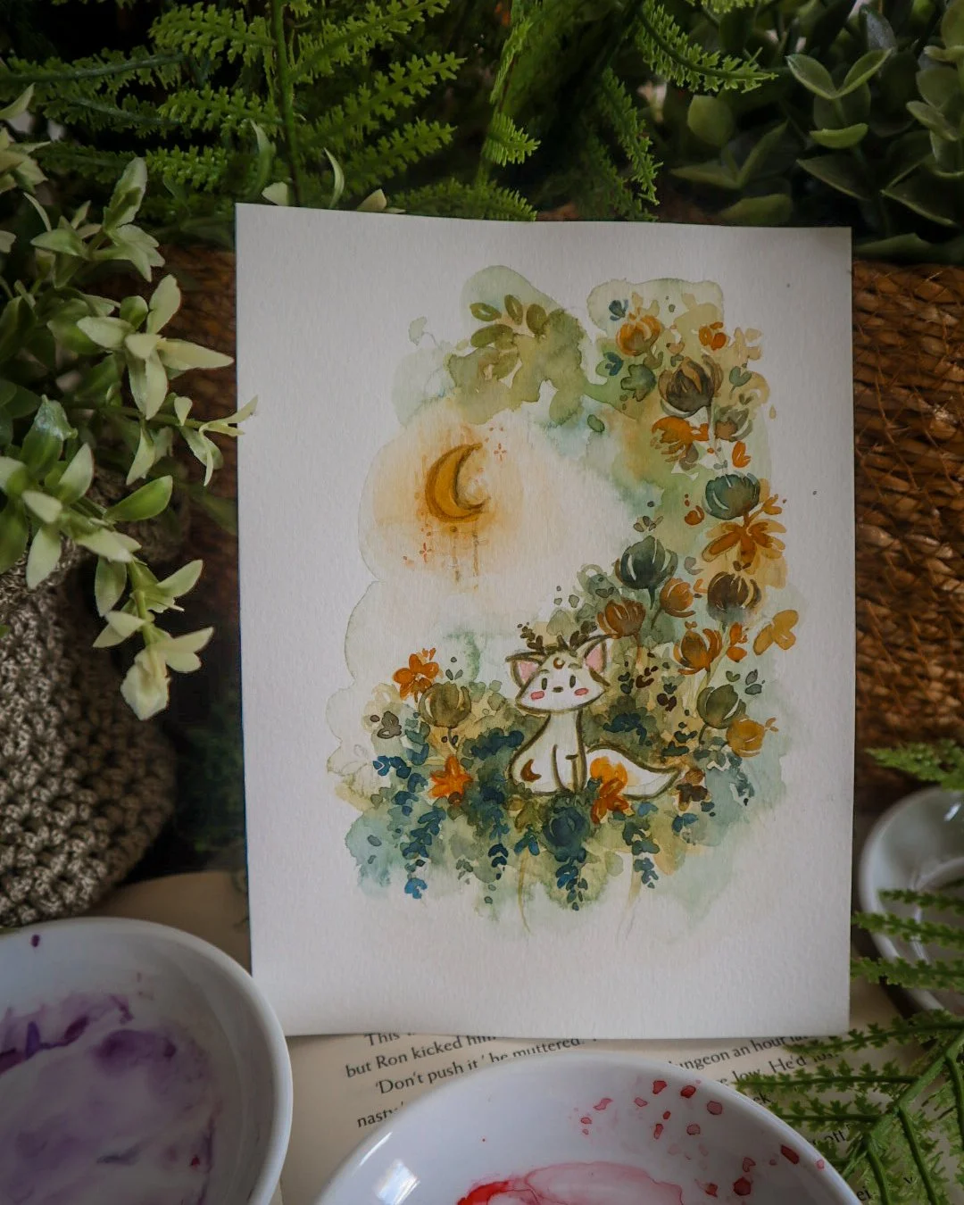 Green Yellow Floral Moon Fox | Original Painting
