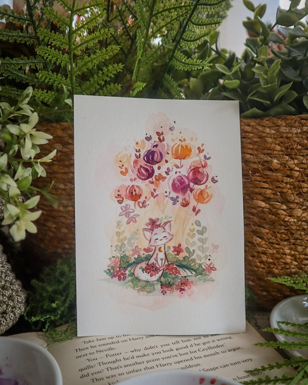 Pink Floral Moon Fox | Original Painting
