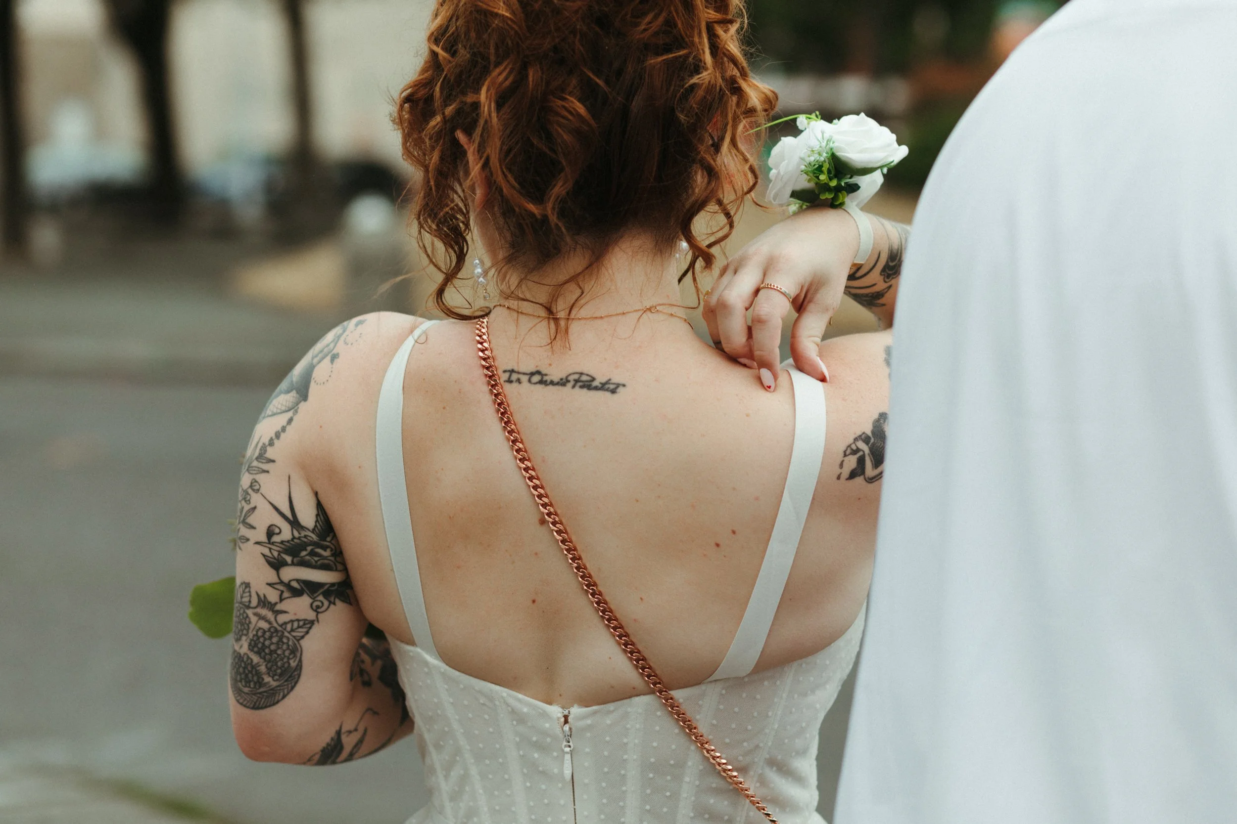 bridal portrait, bride with tattoos, walking downtown, bellingham, washington, seattle photographer, couple about to elope, what to wear to elope, bhldn, anthropologie dress, 50s inspired wedding dress