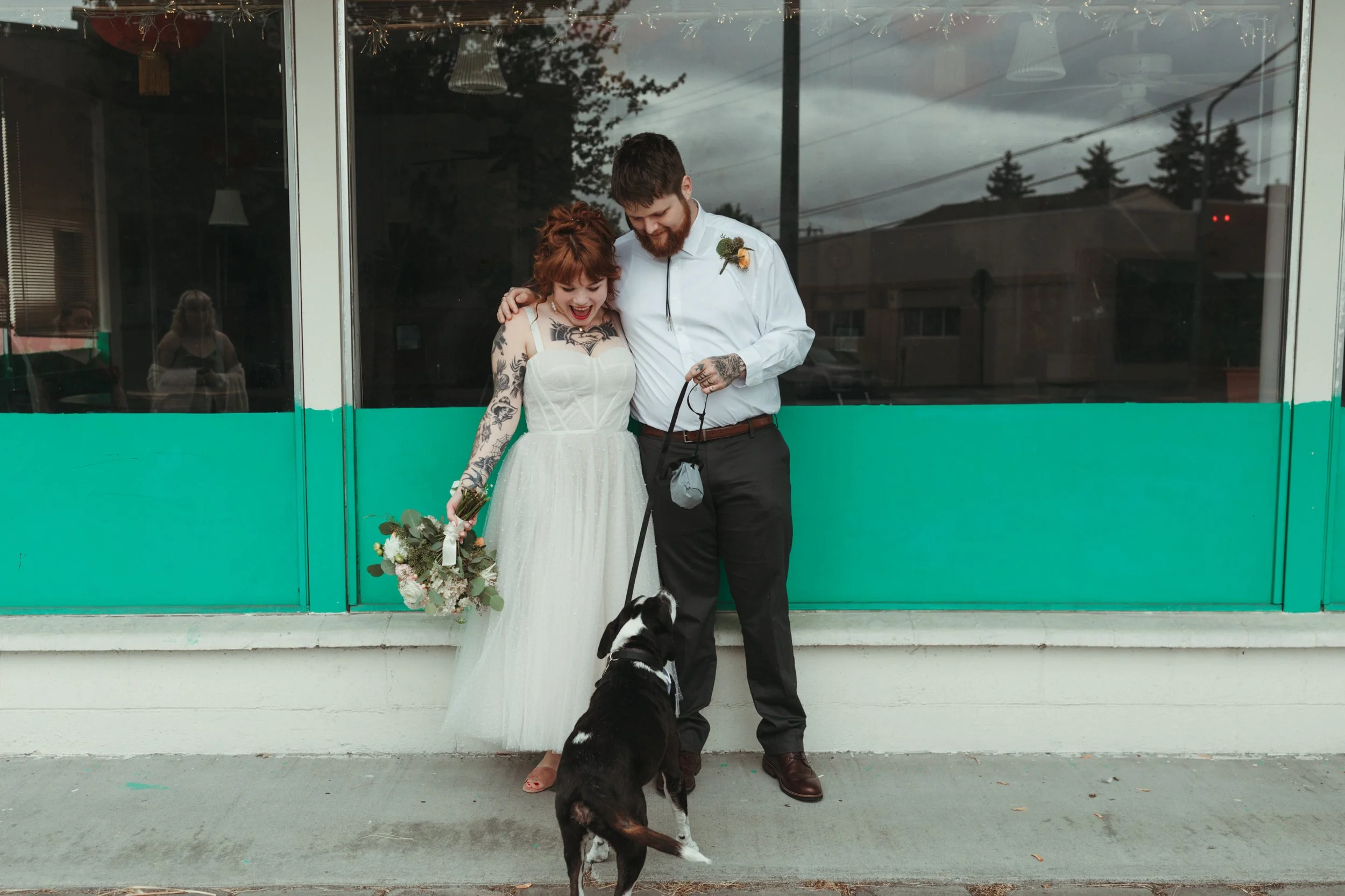 bride and groom with their dog, dog as best man in wedding, urban wedding photos, downtown, rooftop, vintage, film, 35mm, untraditional wedding, courthouse, elopement