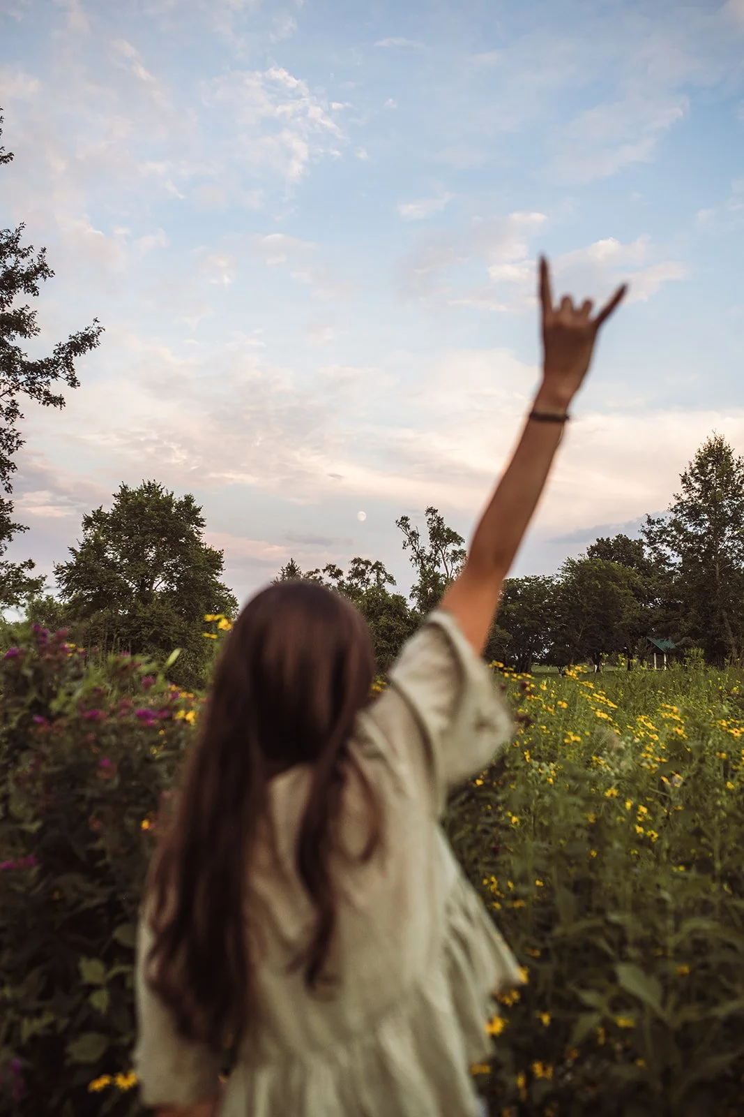 A person with long brown hair, wearing a beige dress, standing in a field of yellow flowers, raising one arm with a hand gesture, under a sky with scattered clouds and a small visible moon.