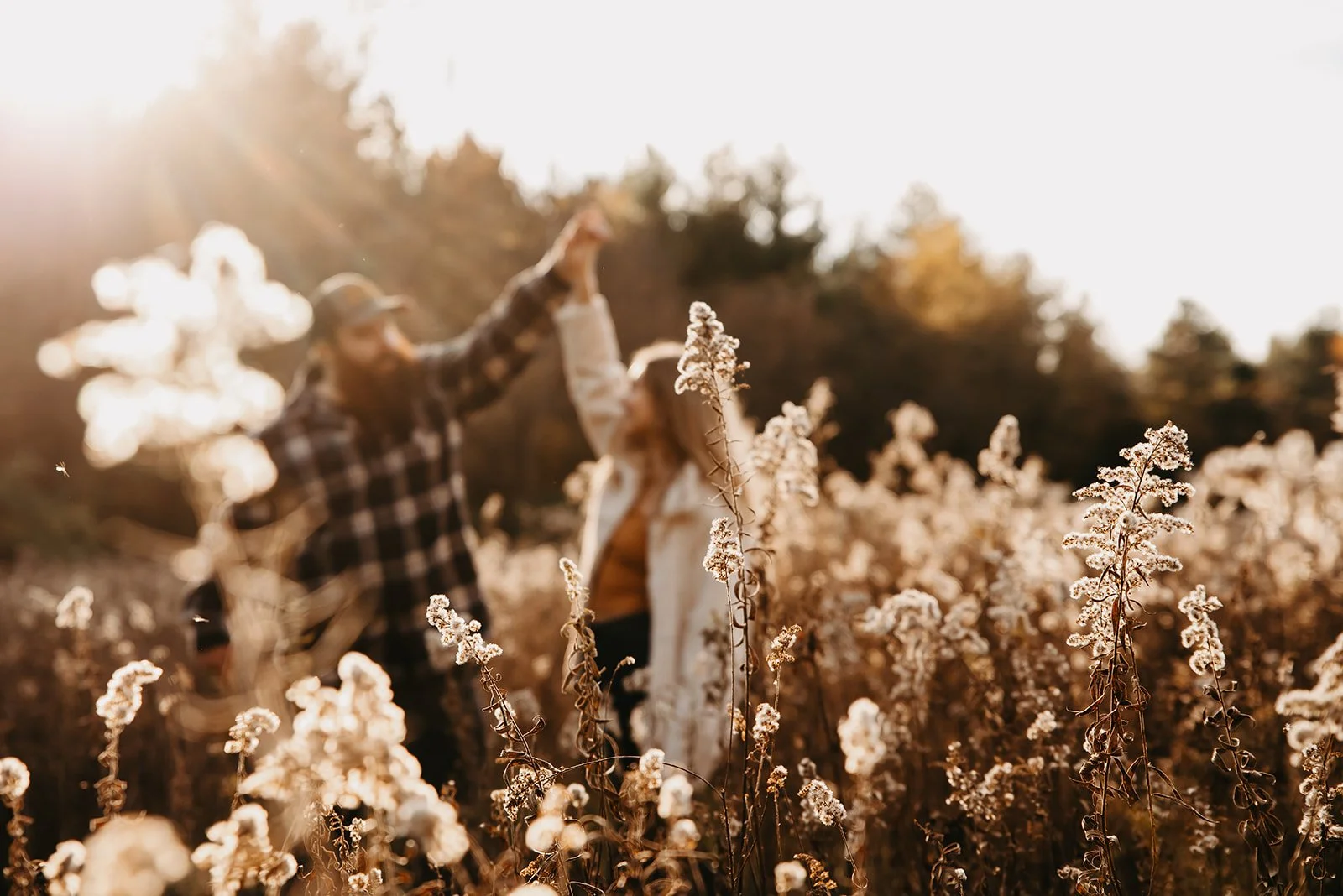 Two people holding hands and dancing in a field of tall dry plants during sunset.