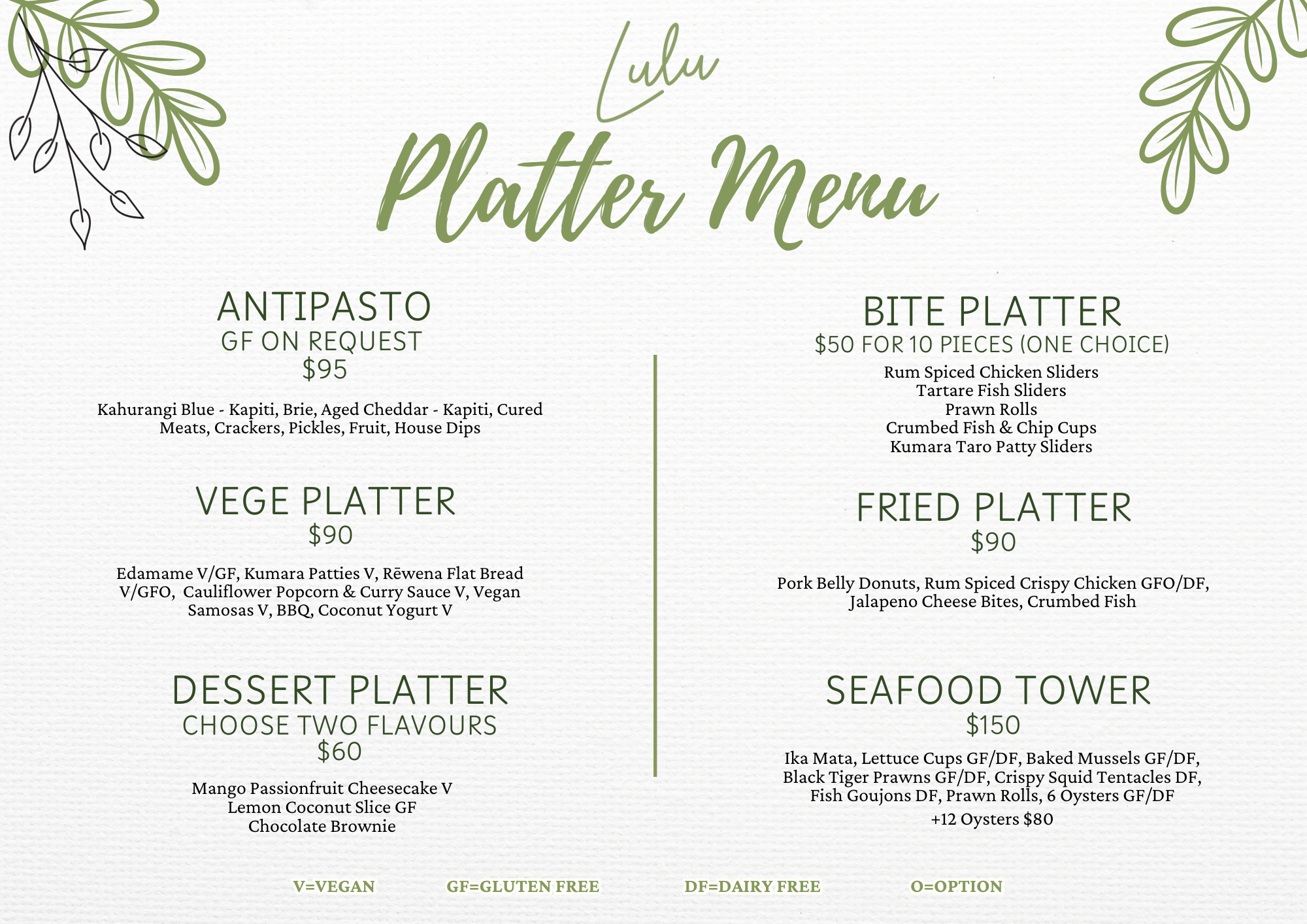 Lulu Platter Menu featuring sections for Antipasto, Veggie Platter, Dessert Platter, Bite Platter, Fried Platter, Seafood Tower, all with prices and descriptions, decorated with green leafy illustrations in the corners.
