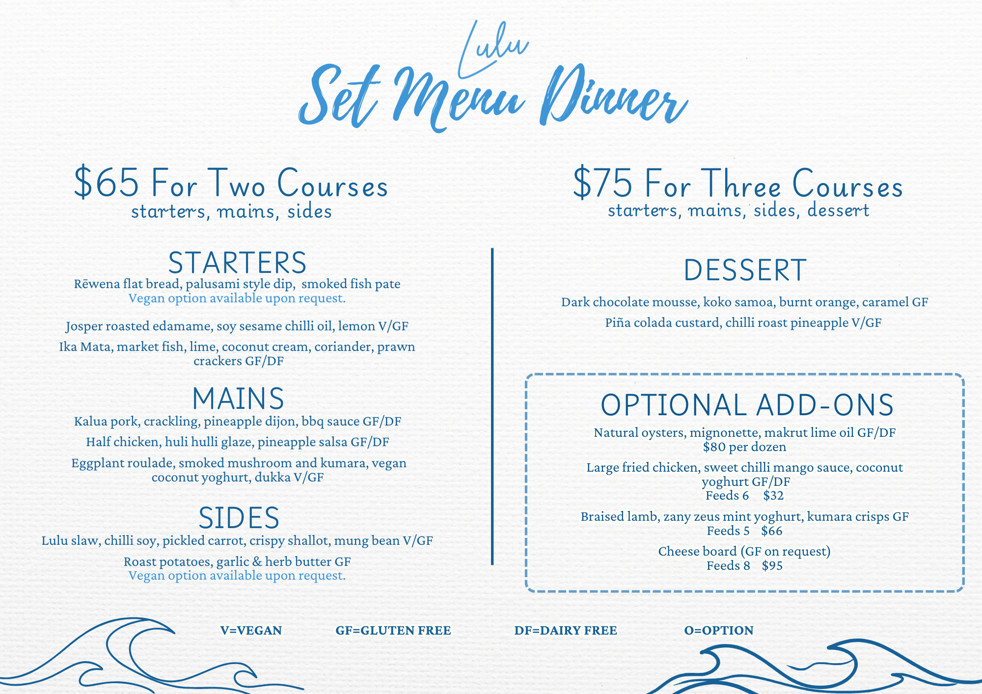 A menu for a restaurant's set menu dinner with prices, dishes, and options, including appetizers, mains, sides, and desserts, with vegan, gluten-free, and dairy-free options.