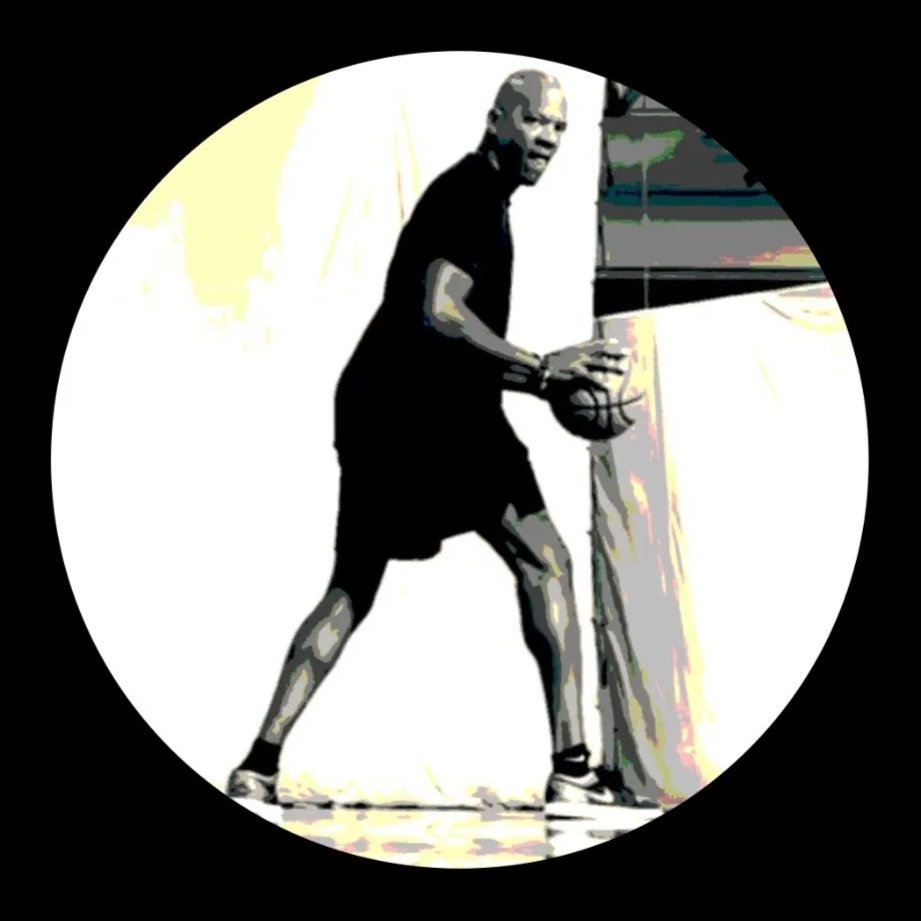 Graphic illustration of a man playing basketball.