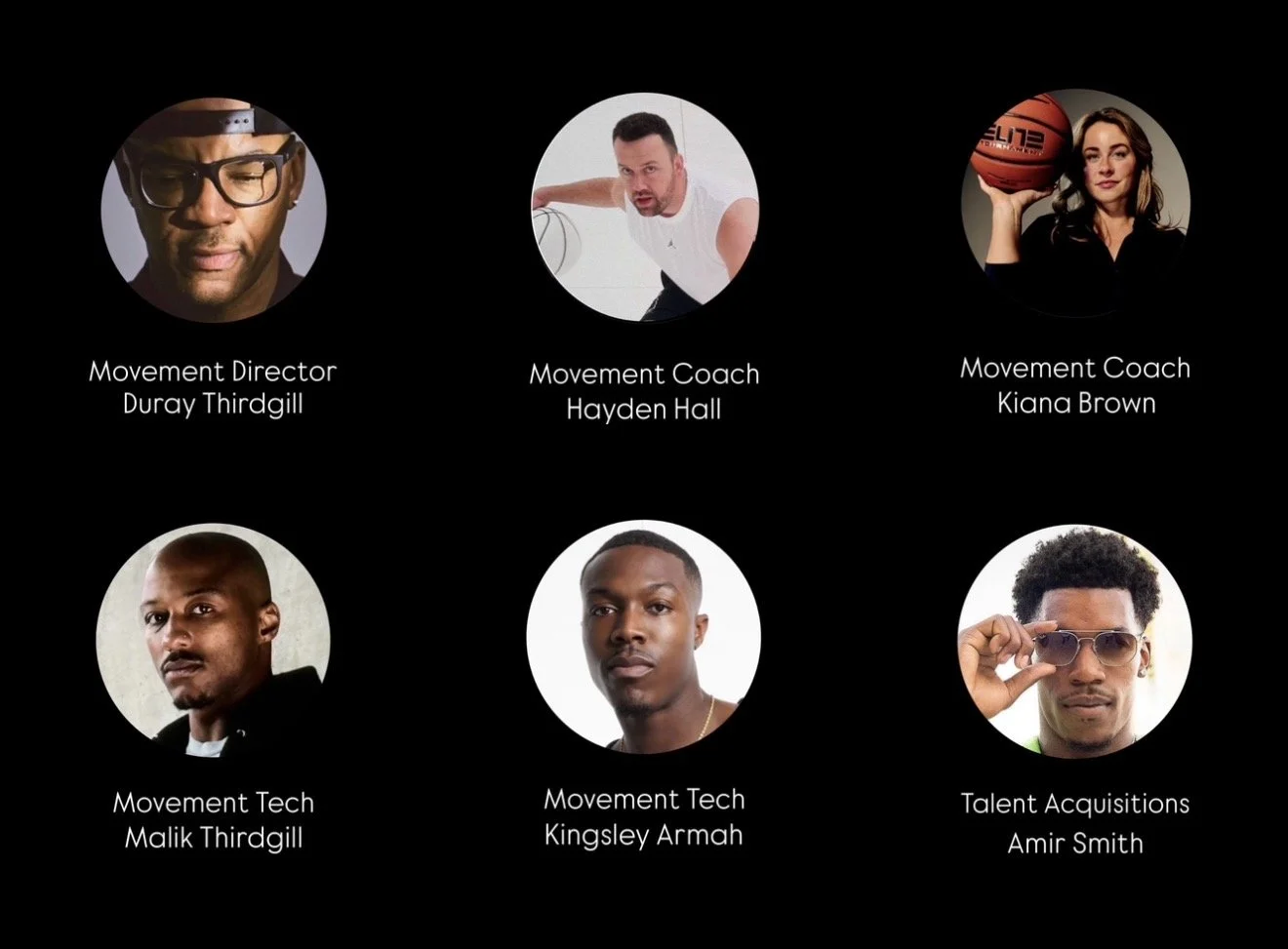 Six individuals with their names and titles, three men and three women, arranged in two rows of three. Top row: Duray Thirdgill, Hayden Hall, Kiana Brown; bottom row: Malik Thirdgill, Kingsley Armah, Amir Smith.