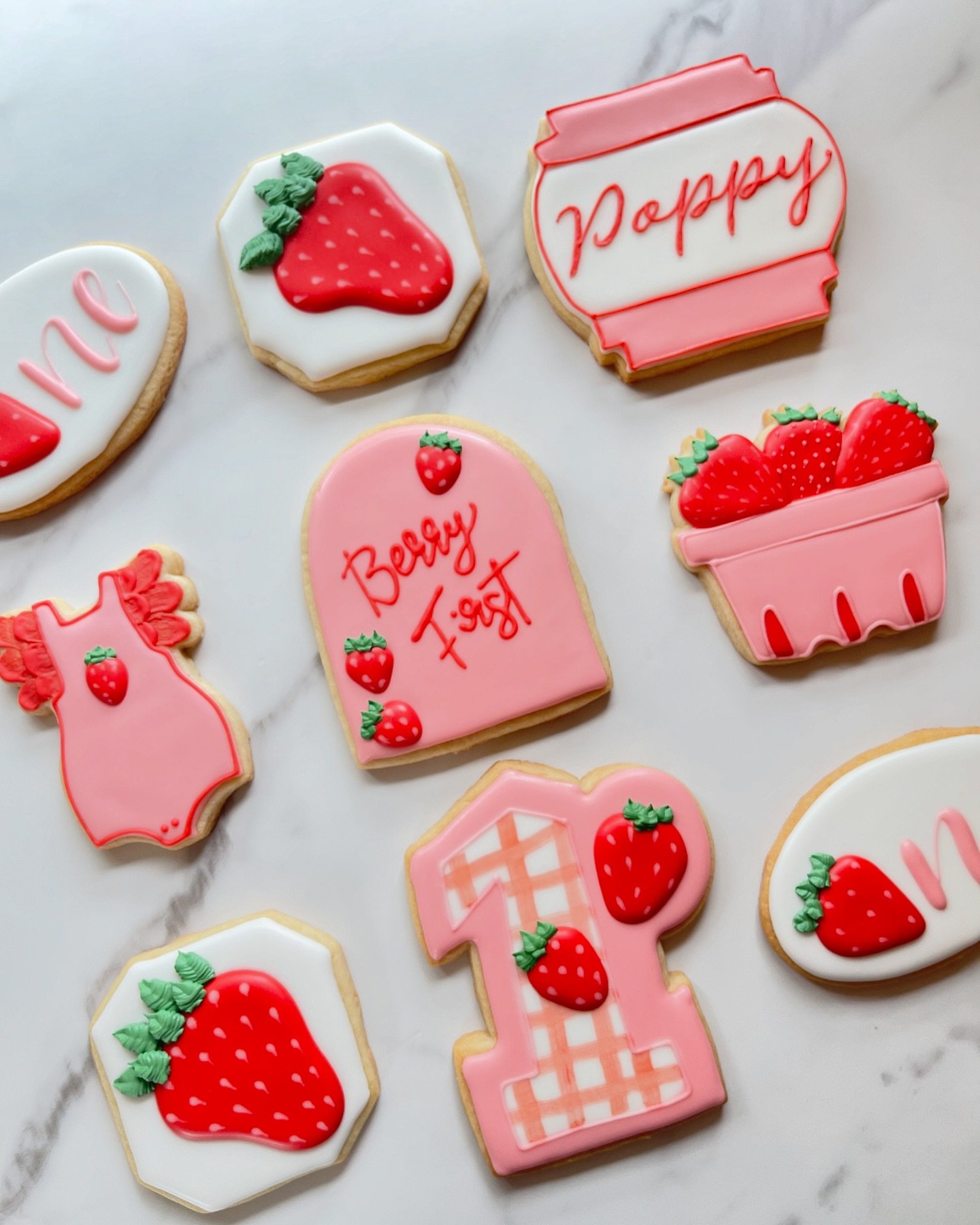 Berry First Birthday! 🍓 Celebrating sweet moments with these custom strawberry-themed custom cookies!