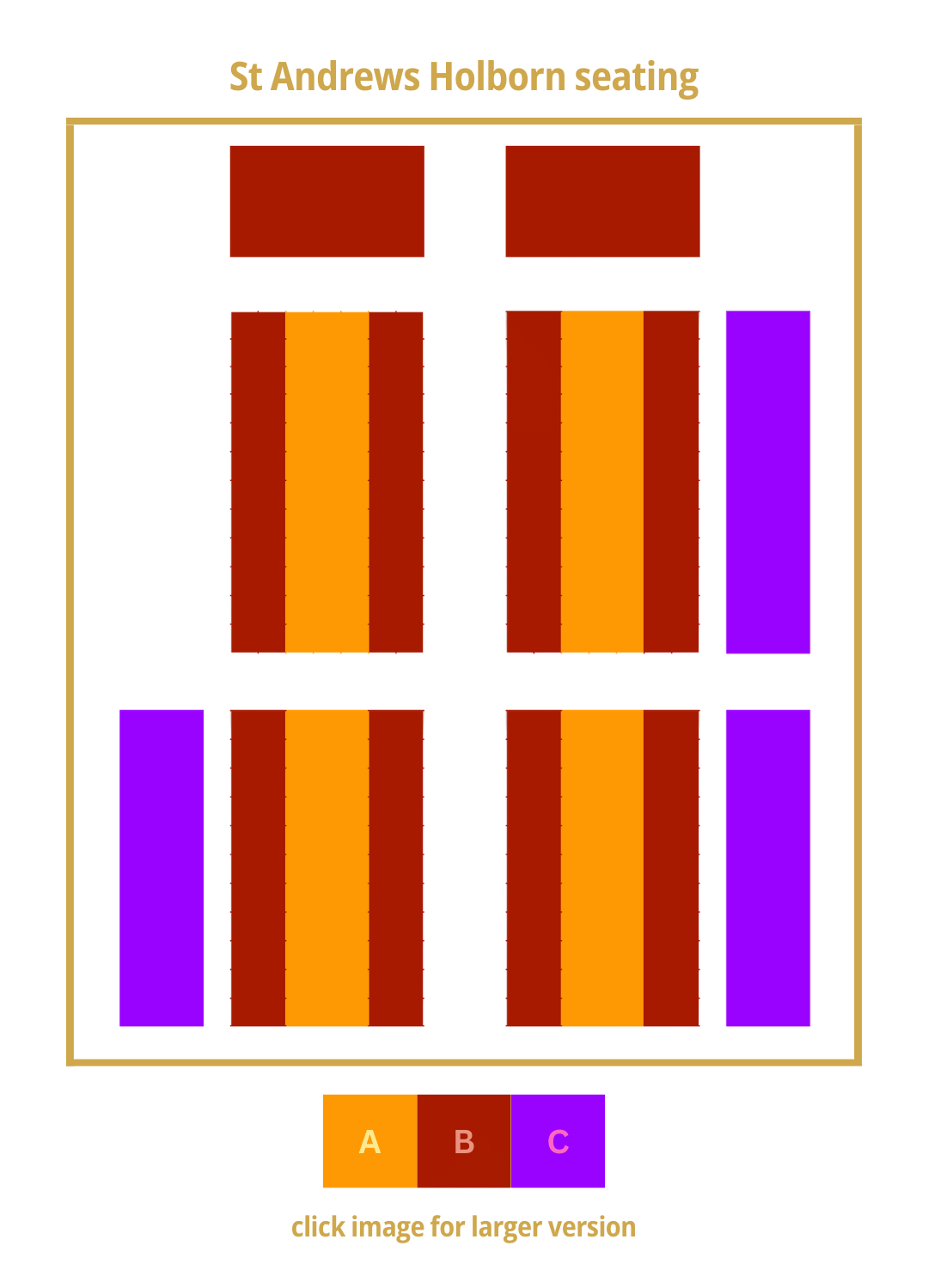 seating plan for St Andrew Holborn showing Tiers A - C seating