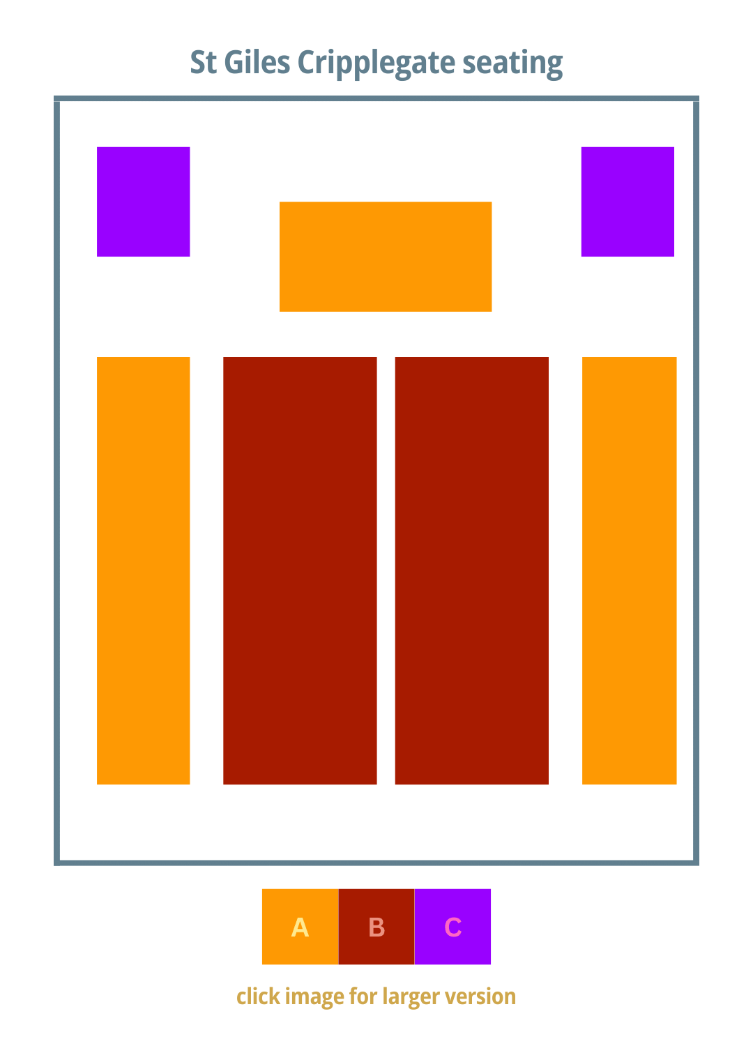 an image of the floor plan of St Giles Cripplegate with tiered seating of A, B & C
