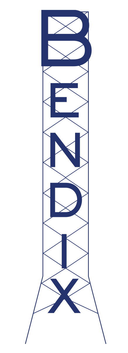 Vertical blue letters spelling 'BENDIX' on a structure with a dark background.