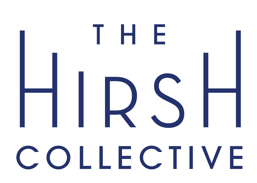 Logo for The Hirsh Collective with stylized text in dark blue, featuring the words 'THE HIRSH' and 'COLLECTIVE' with vertical lines on either side.