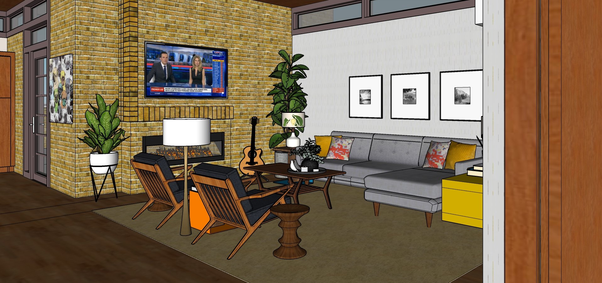Living room adjacent to library and kitchen