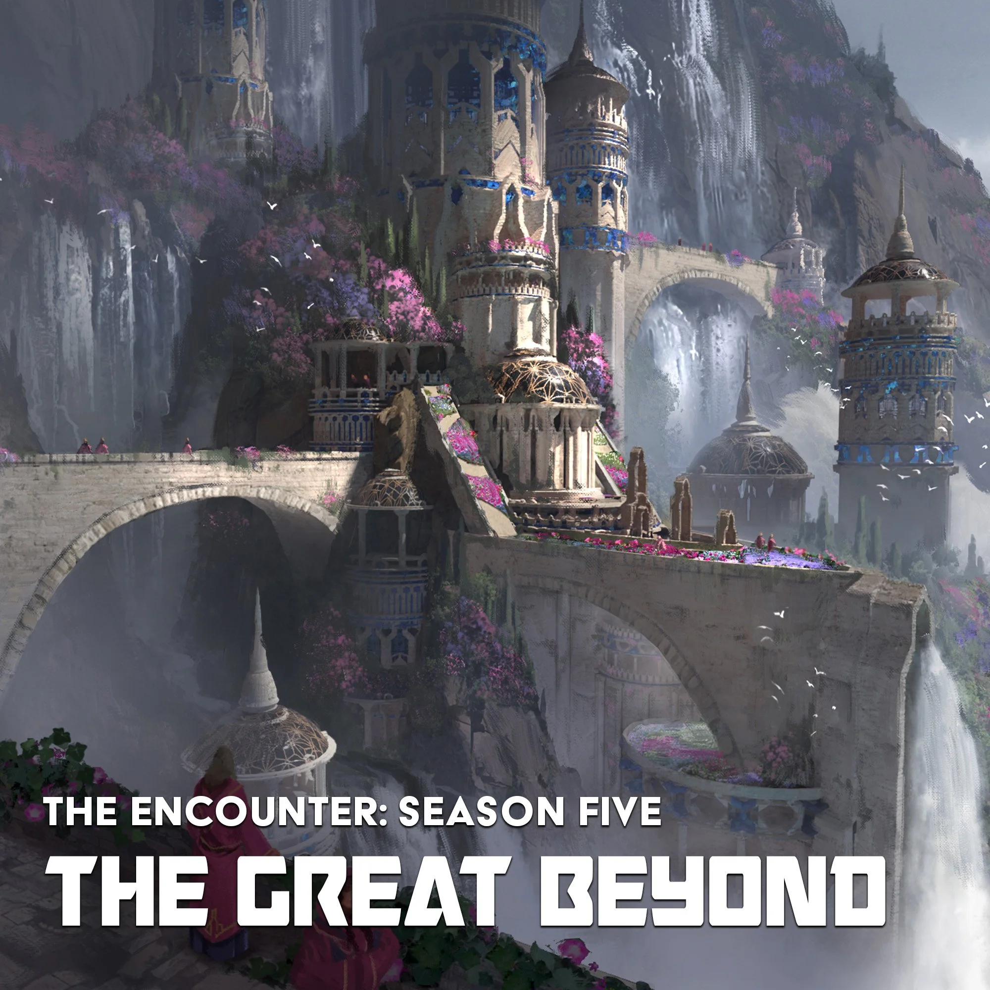 A fantasy city with towers, domes, and lush pink and purple flowering trees, set against a mountain backdrop with waterfalls and a stone bridge.