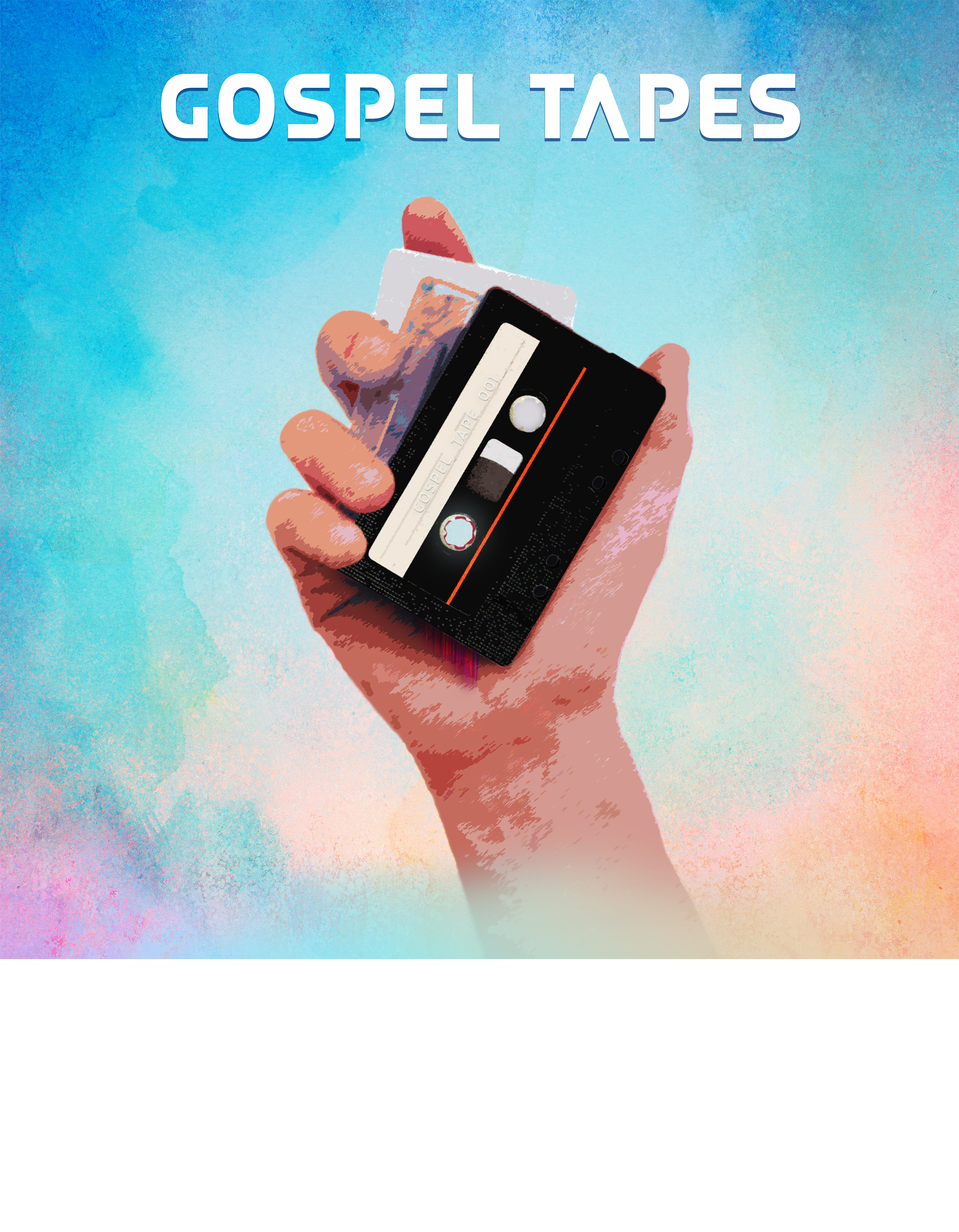 A person holding a vintage audio cassette tape with the label 'Gospel Tapes' against a blue and pastel gradient background.