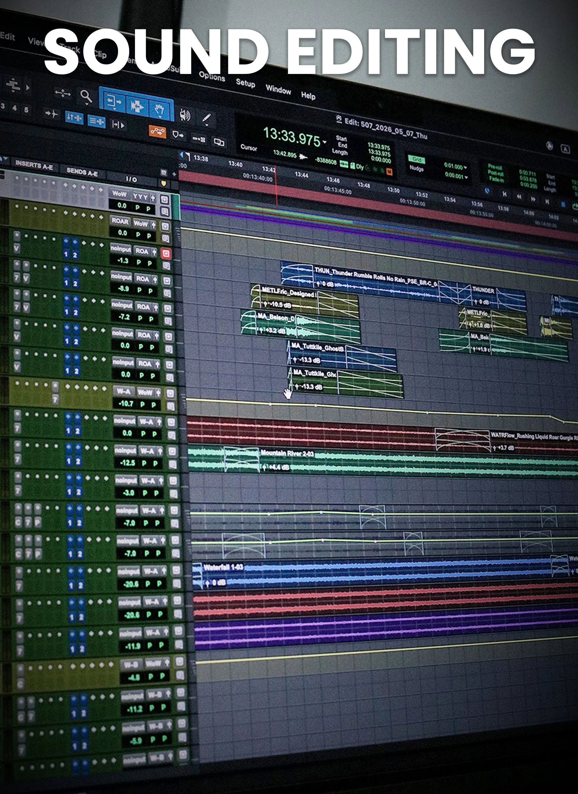 A computer screen displaying an audio editing software interface with multiple sound tracks, waveforms, and editing tools, labeled 'Sound Editing'.