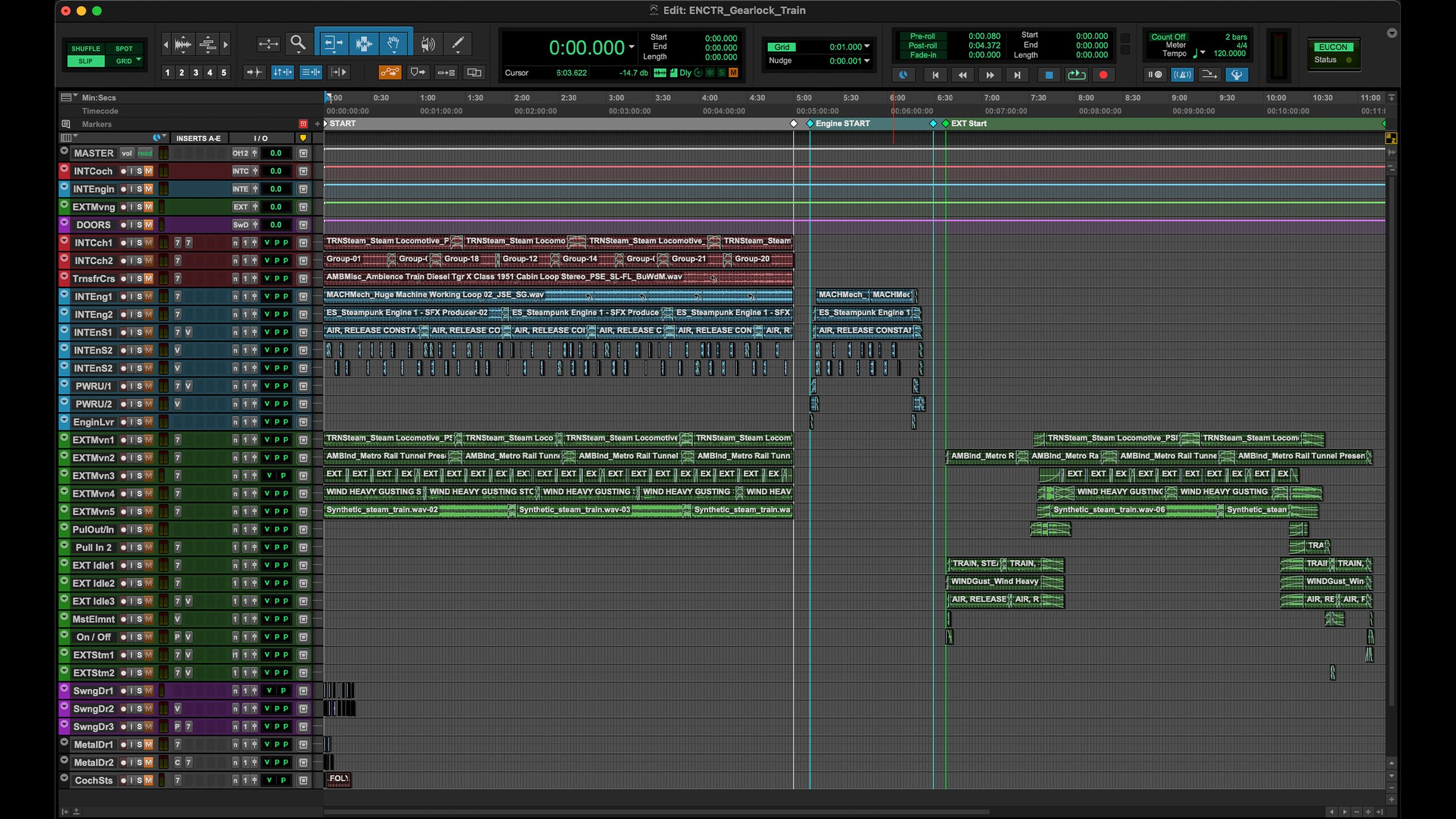 A digital audio workstation screen showing multiple tracks and audio clips labeled with names such as engine sounds, doors, wind gusts, and steam locomotive sounds, used for sound design or editing for a train or locomotive scene.