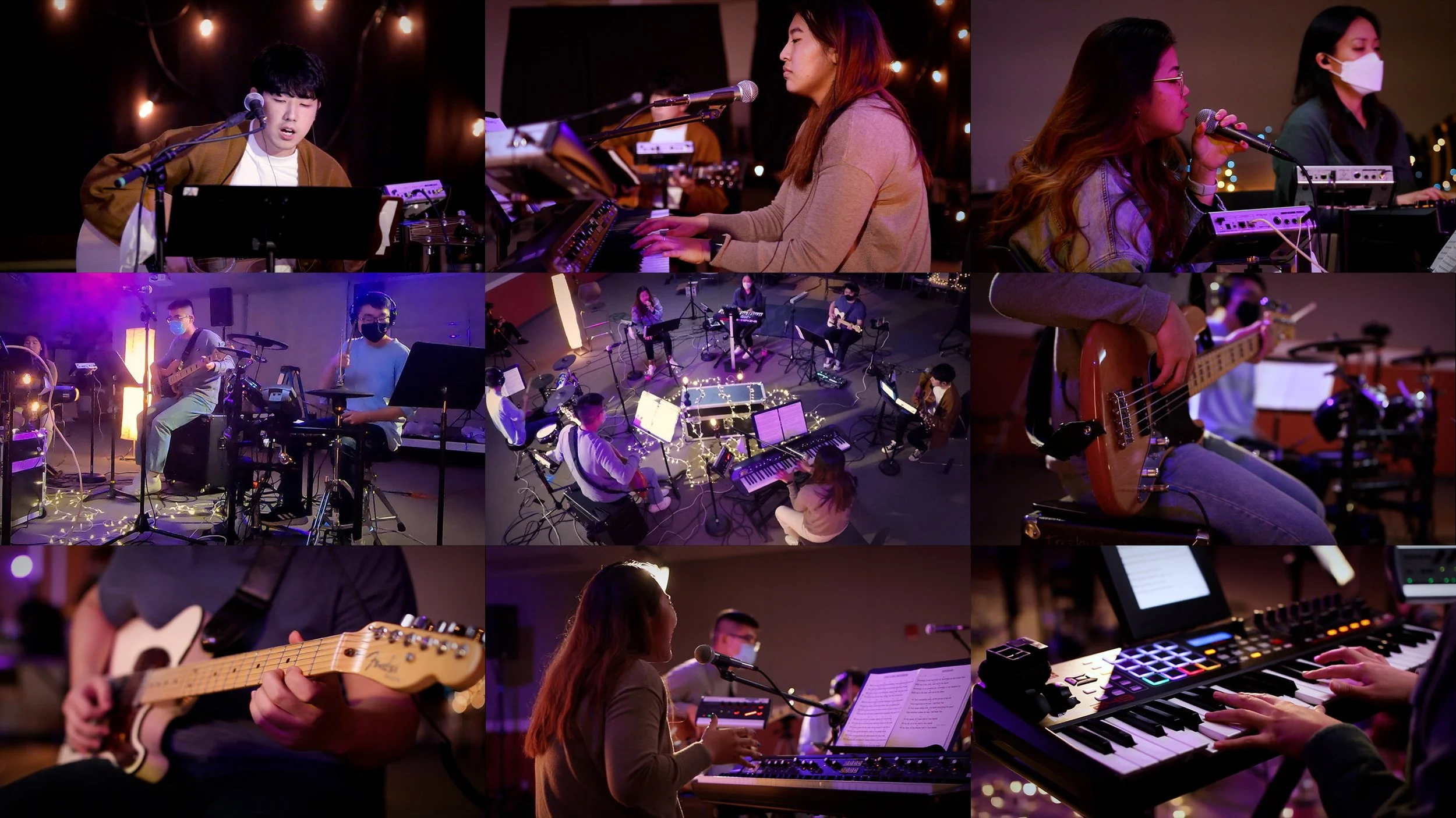 A collage of people performing, playing various instruments like guitar, keyboard, and drums, with some singing into microphones and others wearing masks.