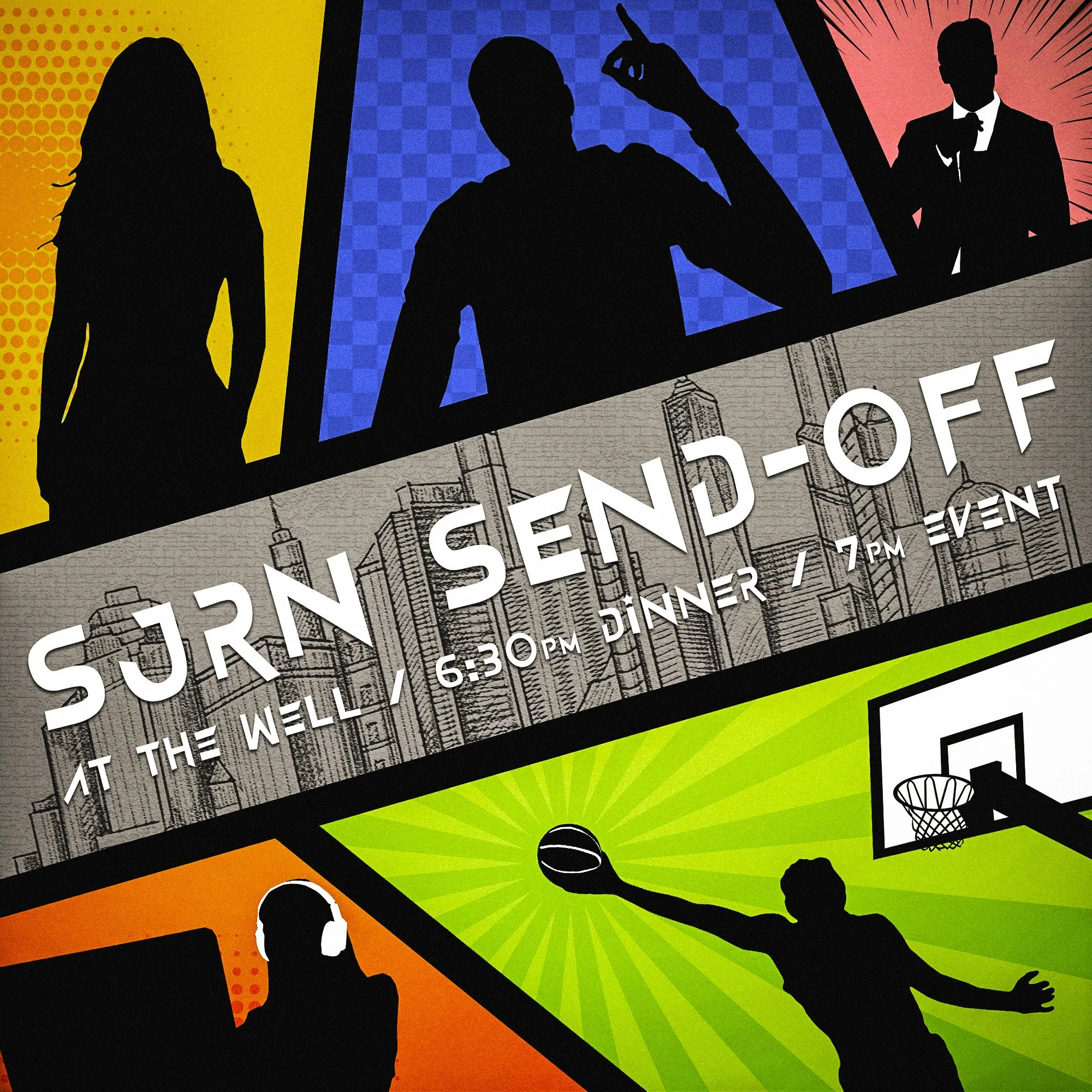 Silhouettes of four people against colorful backgrounds with graphic design elements for an event, including a woman, a man making a finger heart, a man with arms crossed, and a woman with one arm extended.