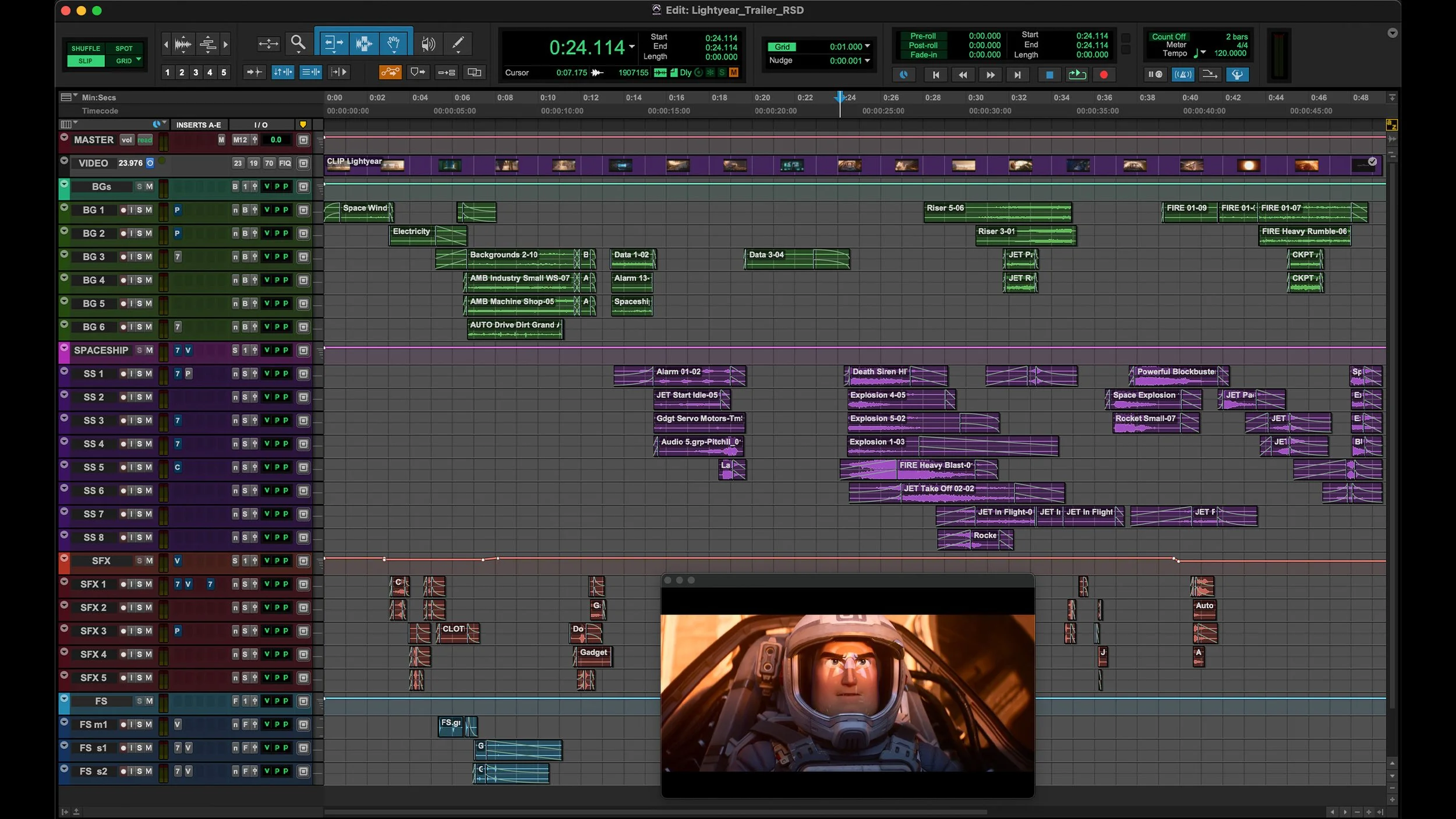 Screenshot of digital audio workstation software displaying a complex video editing or sound editing timeline, with multiple tracks and clips, and a small overlay of a scene from an animated movie featuring a character in a space helmet.