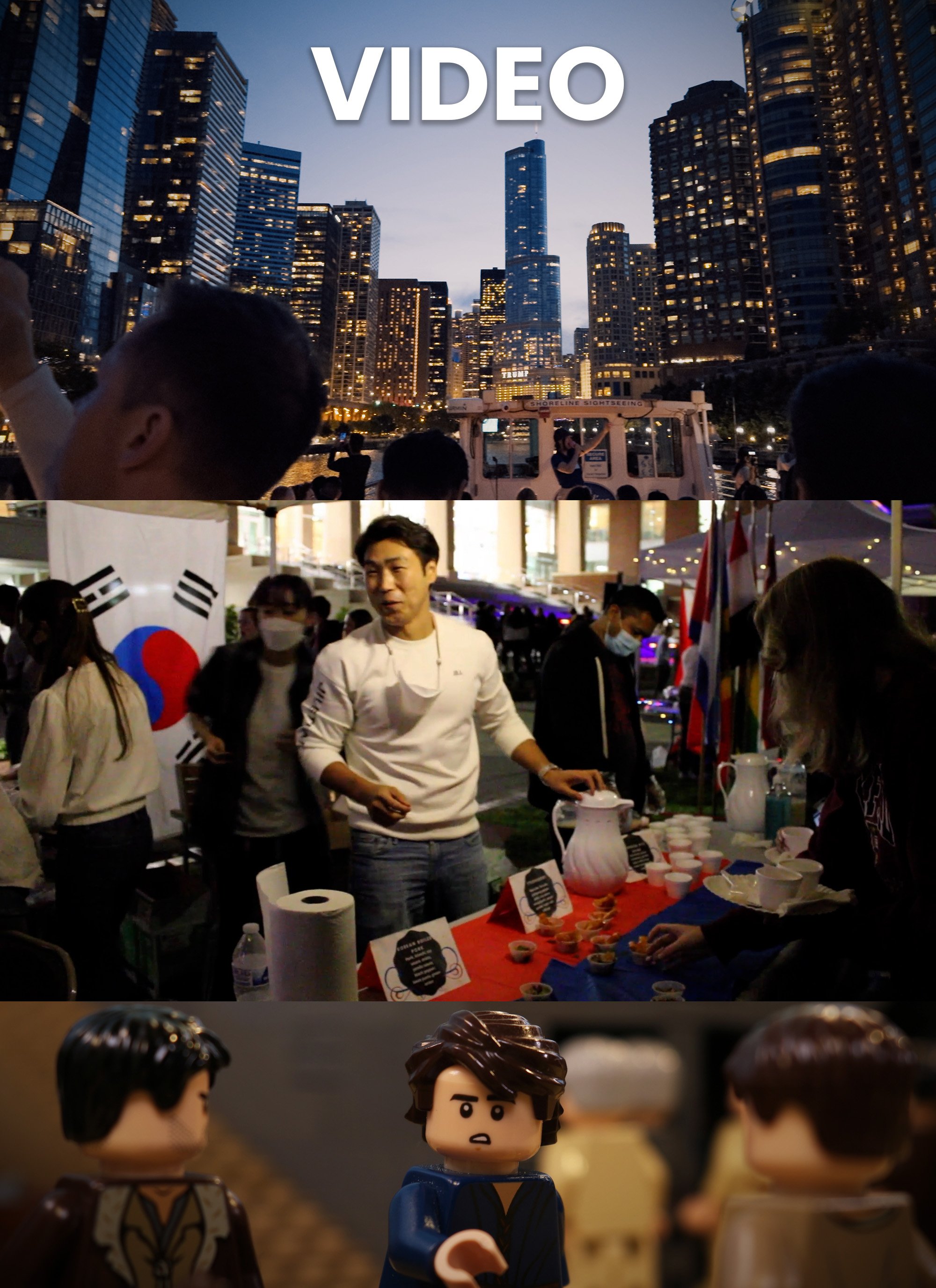 The image features a collage with three sections. The top section shows a city skyline at dusk with tall buildings and the word 'VIDEO' overlaid. The middle section depicts a street fair or outdoor event with people, some wearing masks, gathered around a table with South Korean flags and food and drink items. The bottom section contains close-up figures of LEGO-style characters, including one with dark brown hair and a serious expression, set against a blurred indoor background.