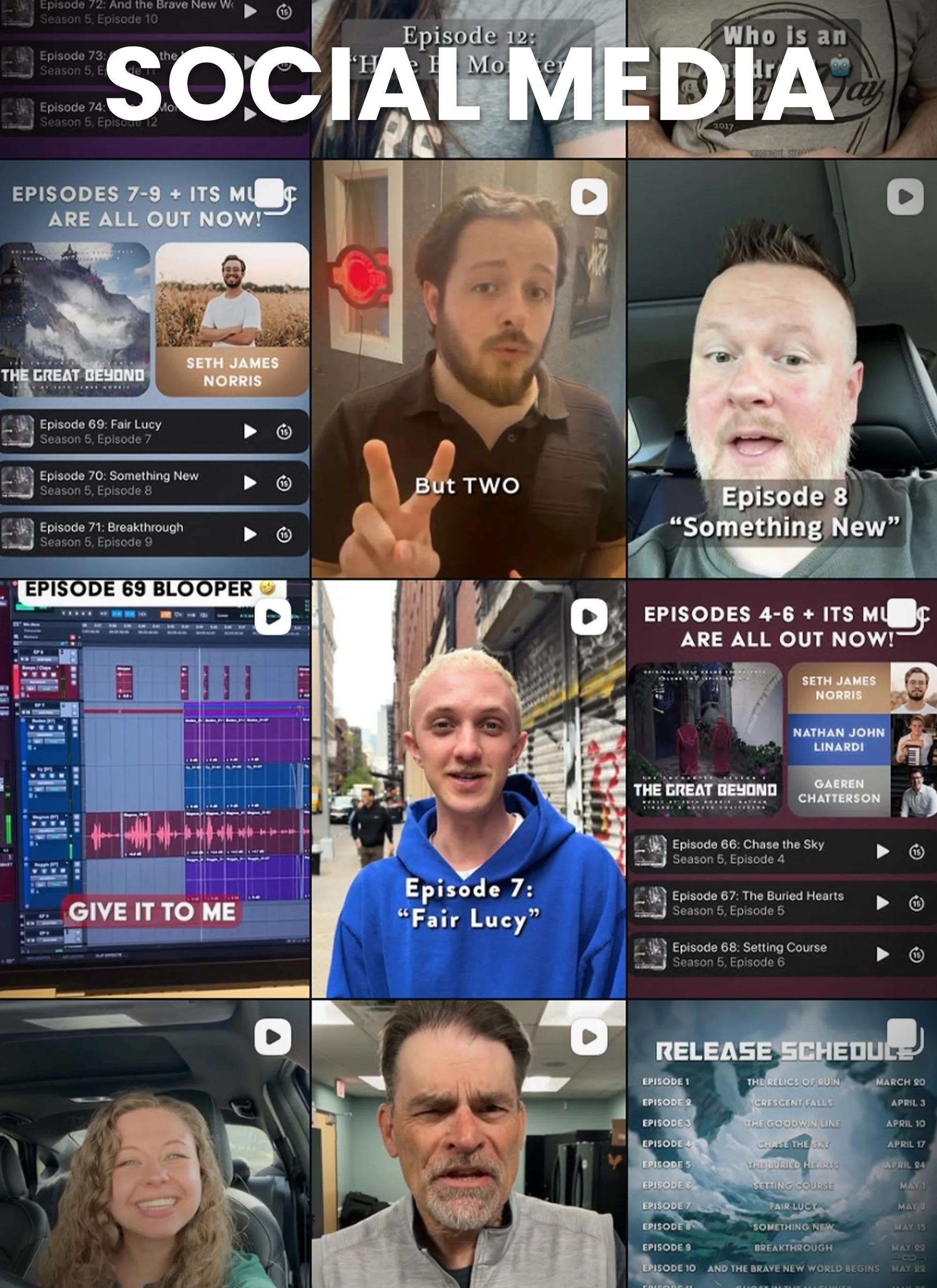 A collage of screenshots from social media videos featuring various individuals, episode lists, and promotional content about a podcast or series.
