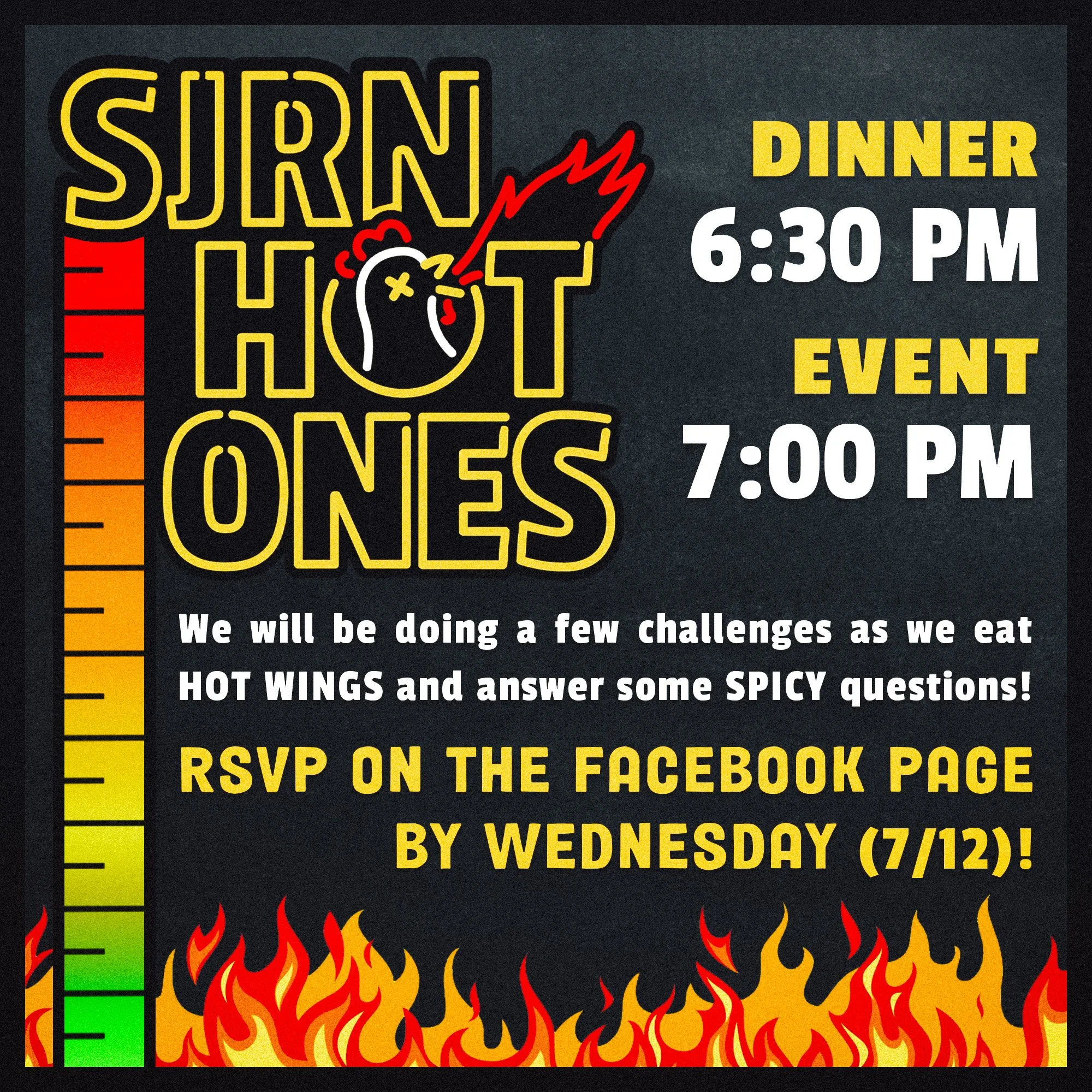 A promotional poster for a dinner event featuring spicy hot wings. The poster includes bright yellow and white text on a dark background, with flames at the bottom and a police badge with a red flame. The event is scheduled for Wednesday, July 12th, at 6:30 PM, with activities like eating hot wings and answering spicy questions, and includes an RSVP on Facebook.