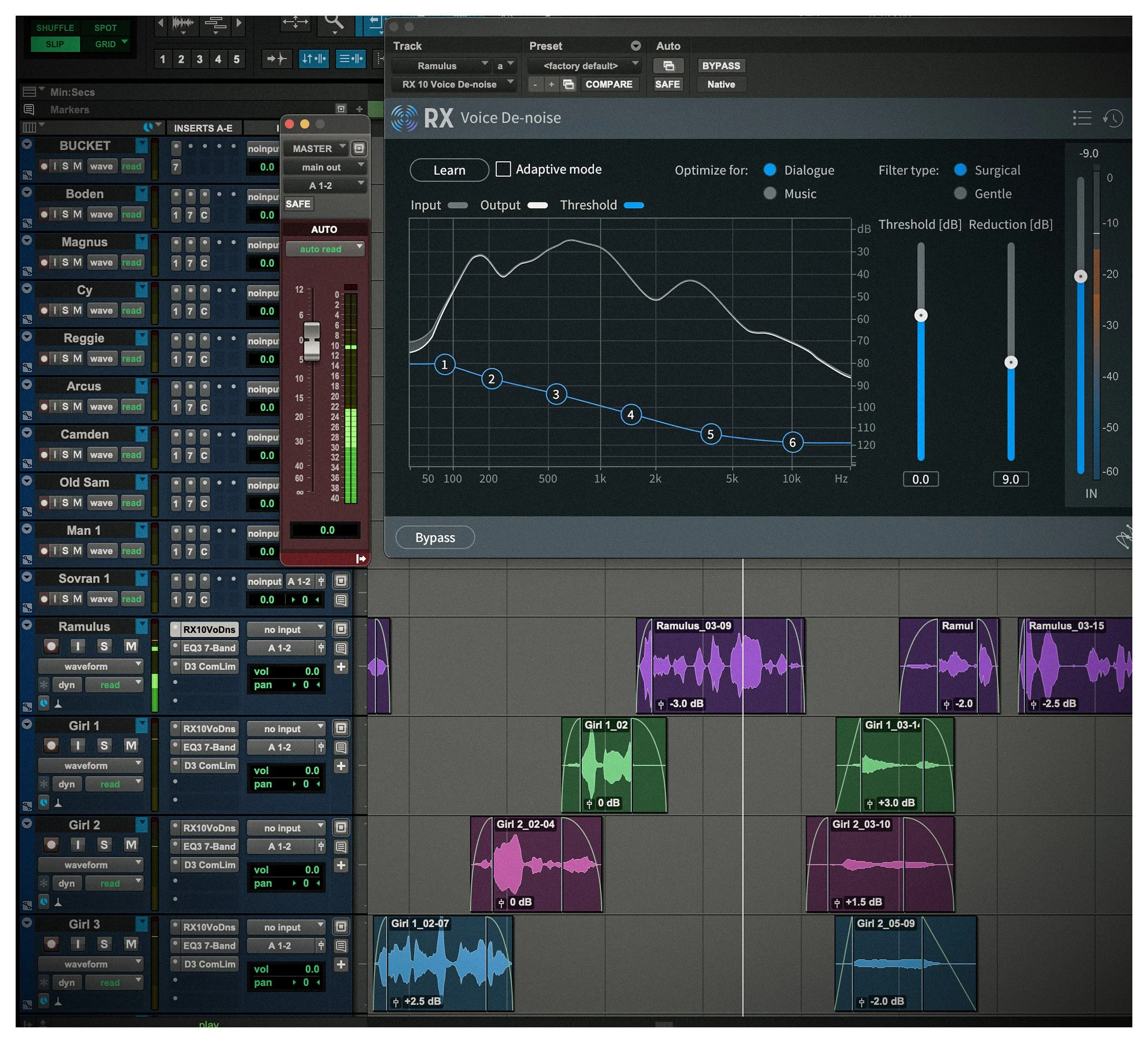 Screenshot of audio editing software with multiple tracks, waveforms, and sound equalizer settings.