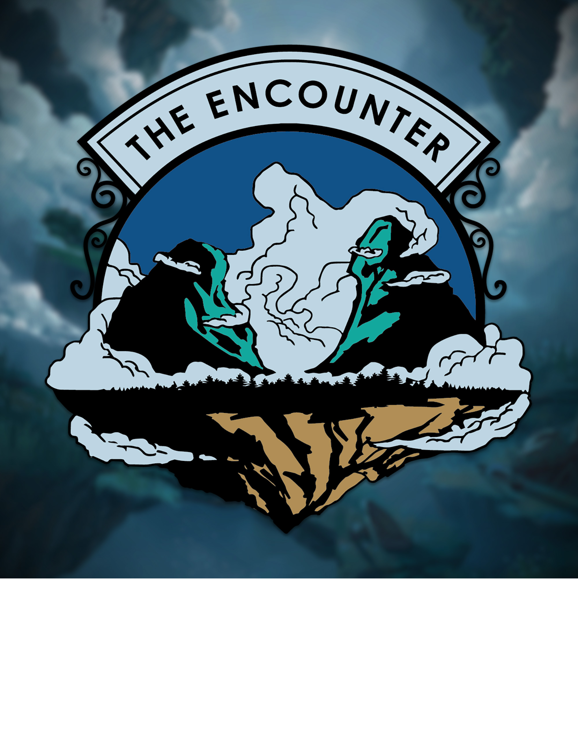 Logo with mountain peaks, cloud and sky background, and text 'The Encounter' and 'lead sound designer (Season 5) & podcast distribution handler'.