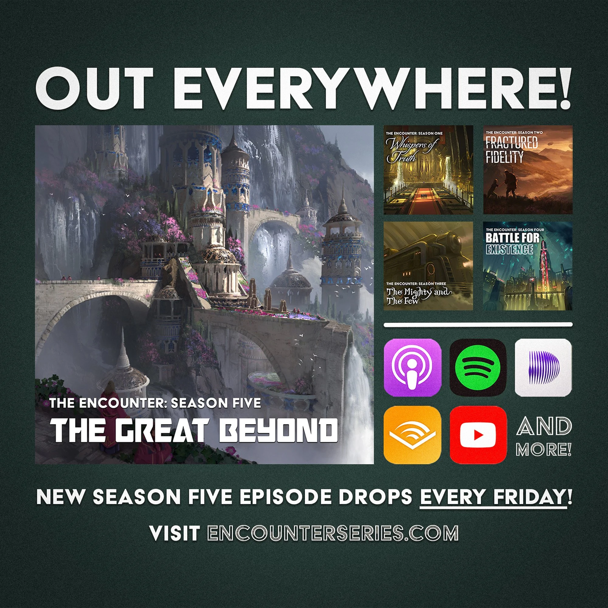 Promotional image for the TV series 'The Encounter,' season five, featuring images from different episodes and emphasizing new episodes releasing every Friday, with a website link for more information.