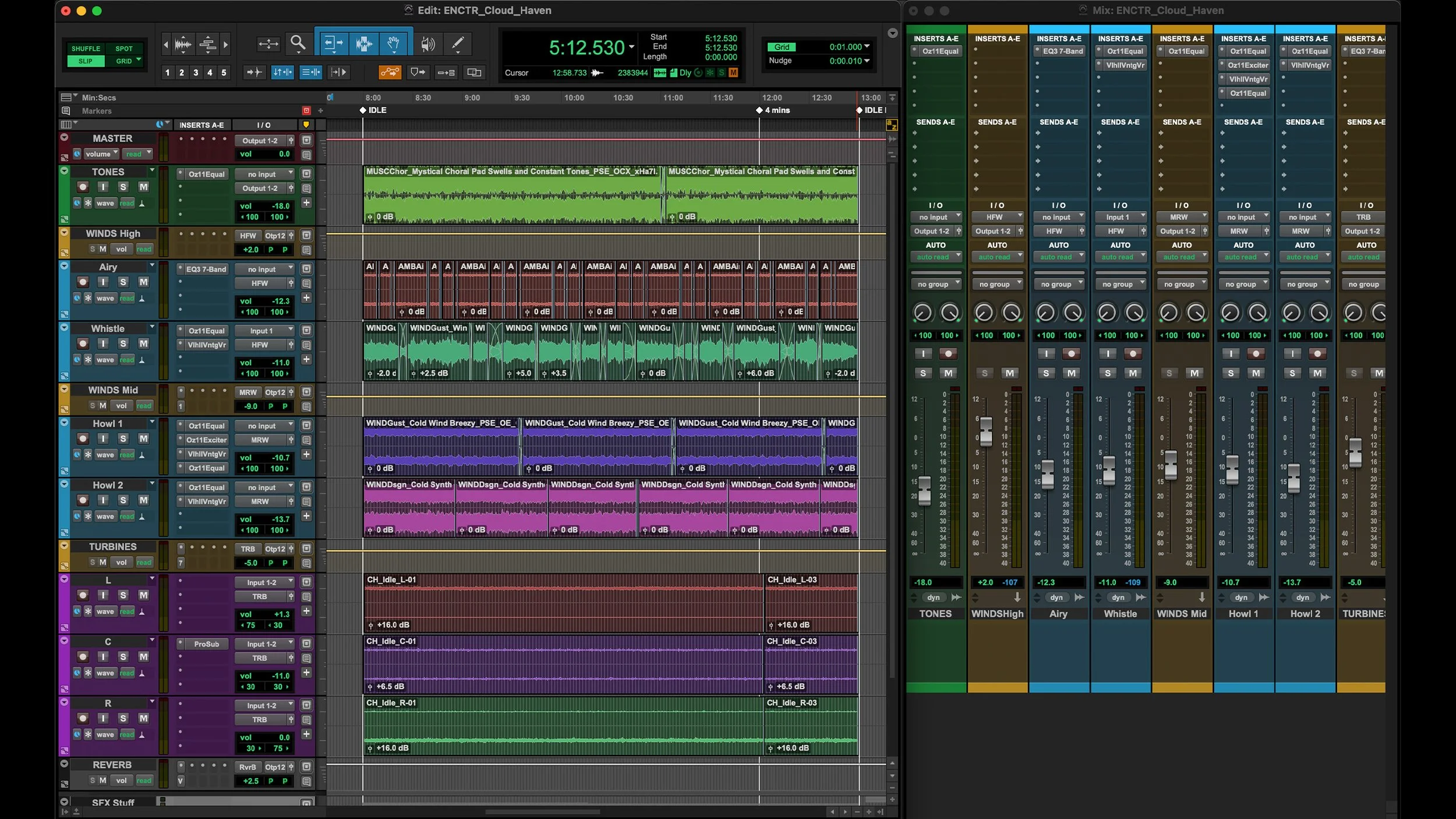 Screenshot of audio editing software with multiple tracks including vocals, effects, and background sounds, showing waveforms and mixing controls.