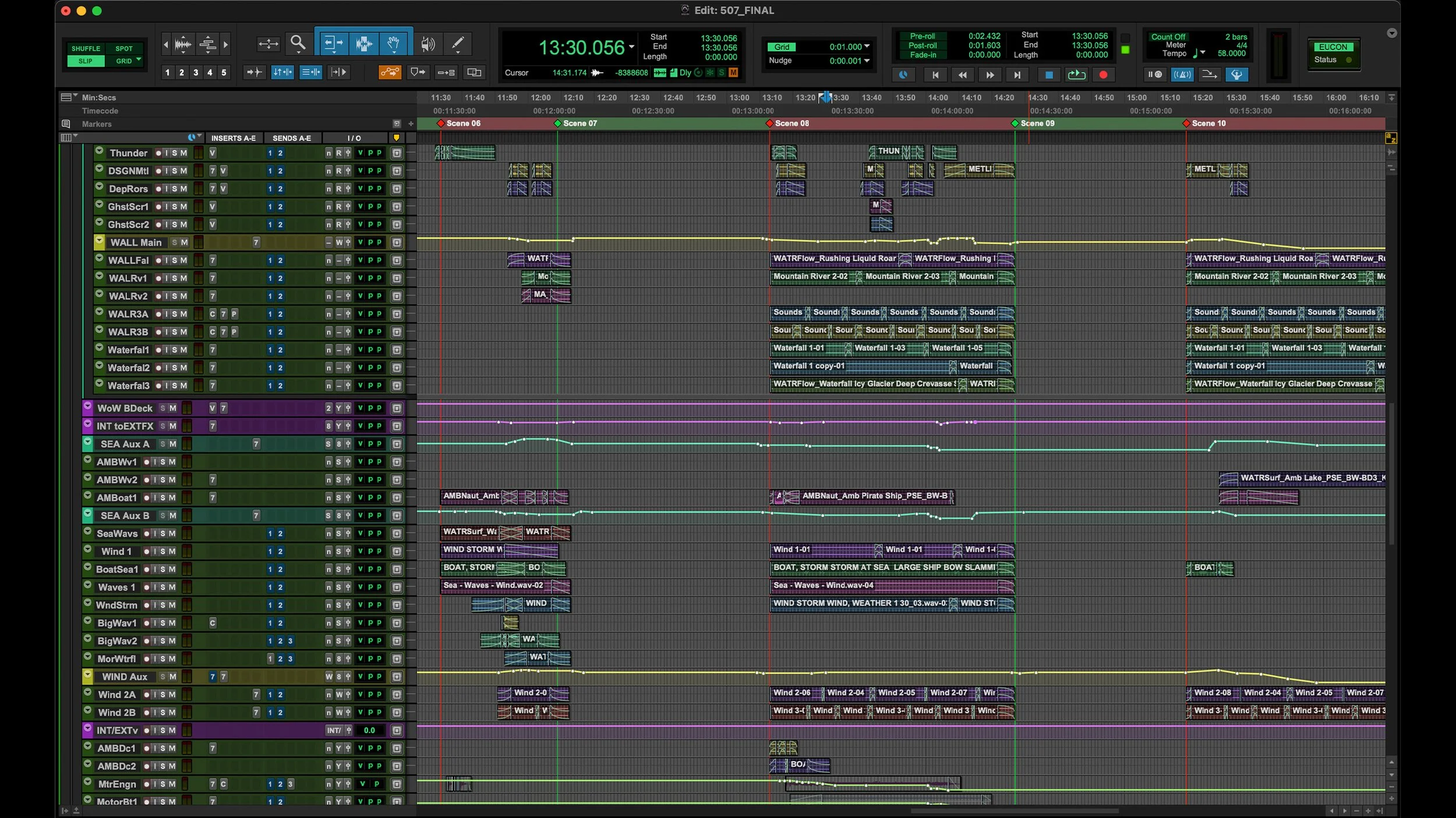 Screenshot of digital audio workstation software showing multiple tracks and audio clips, with a timeline at the top displaying detailed time markers, scene labels, and controls for editing sound projects.