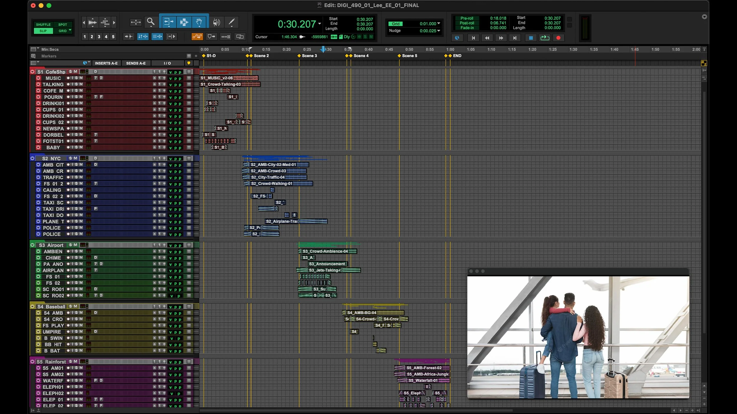 Screenshot of a digital audio workstation (DAW) timeline with multiple tracks of audio and video clips. The top section shows a timeline with various markers and playback controls, while the lower section contains colored tracks labeled with different categories. In the bottom right corner, there is a small inset video of three people, two women and one man, standing at an airport terminal with luggage, facing away from the camera, looking at the airport window.