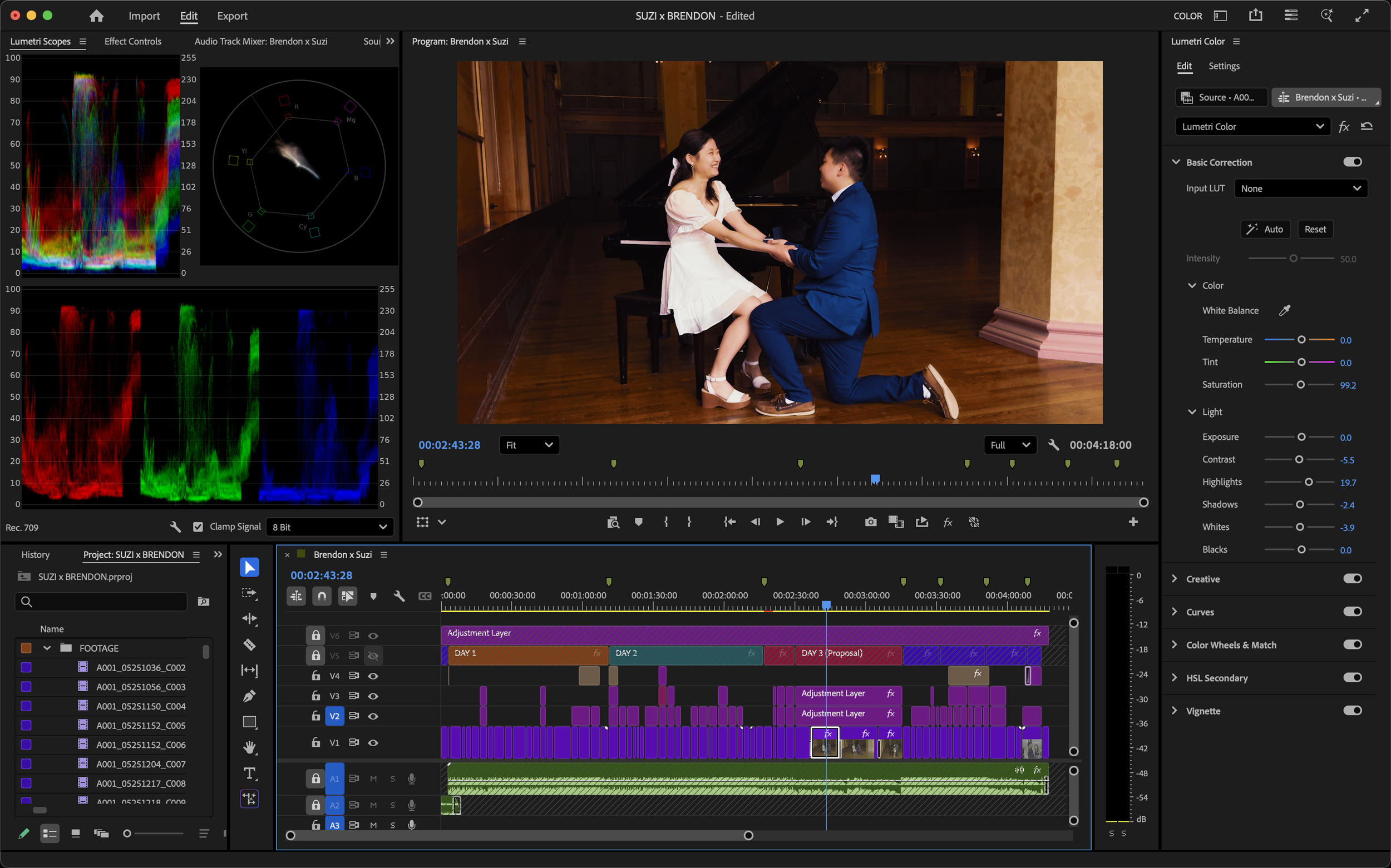 Screenshot of video editing software showing a scene of a man proposing to a woman at a grand piano with a warm wooden interior.