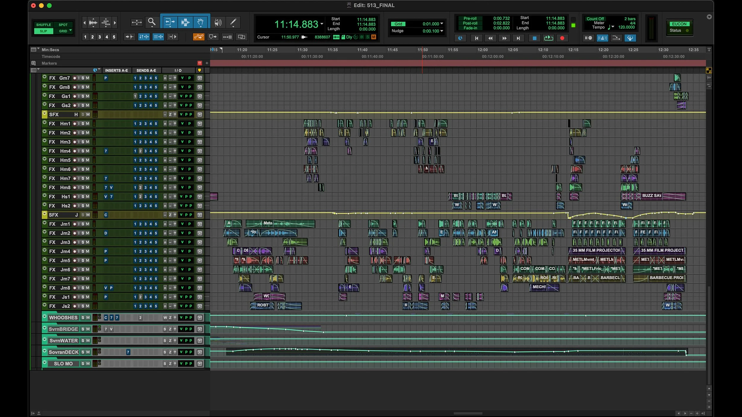 Screenshot of digital audio workstation session with multiple tracks, audio clips, and controls for editing a video or music project.