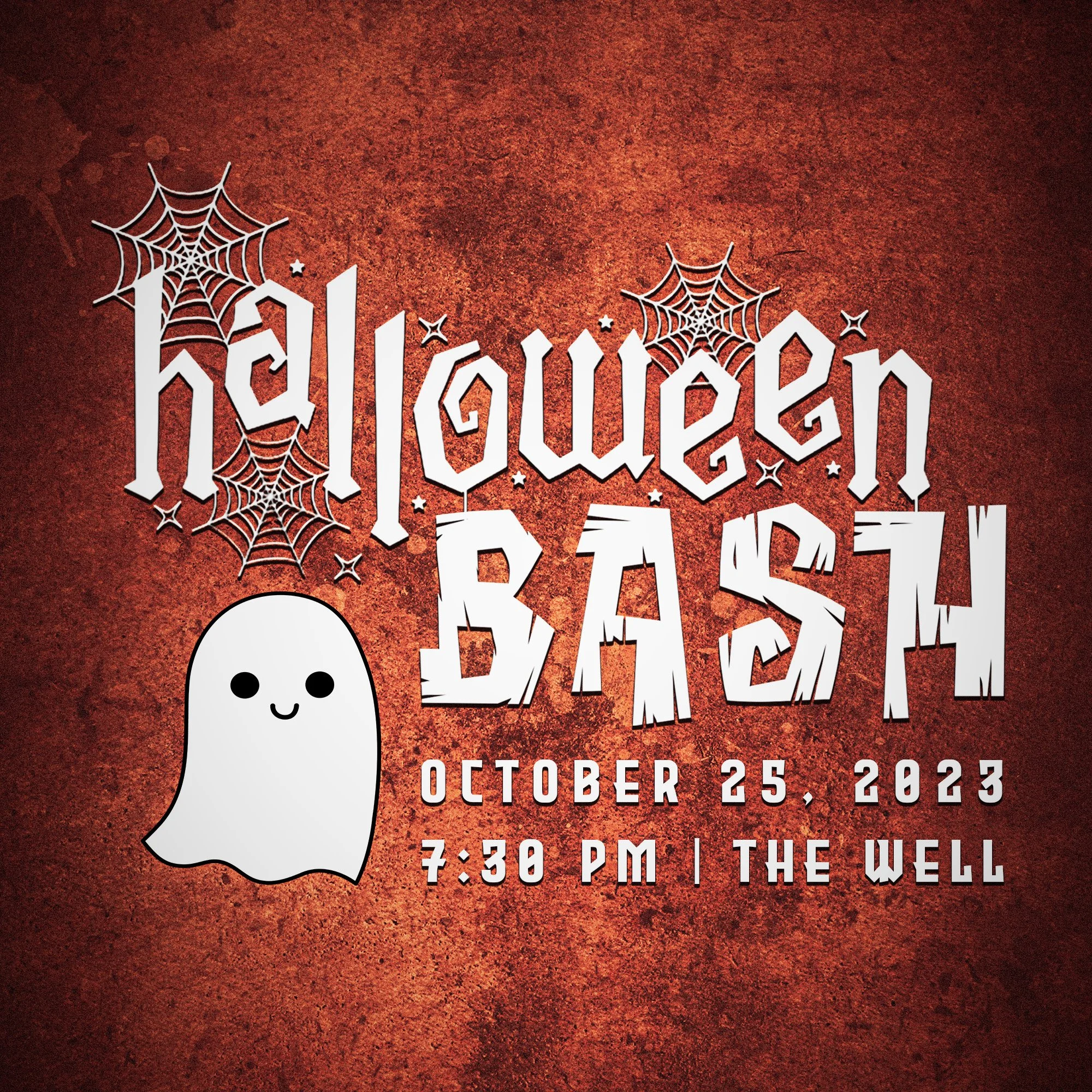 Halloween event poster with white text and spider web designs on an orange and black background, featuring a cartoon ghost and details of an event on October 25, 2023 at 7:30 PM.