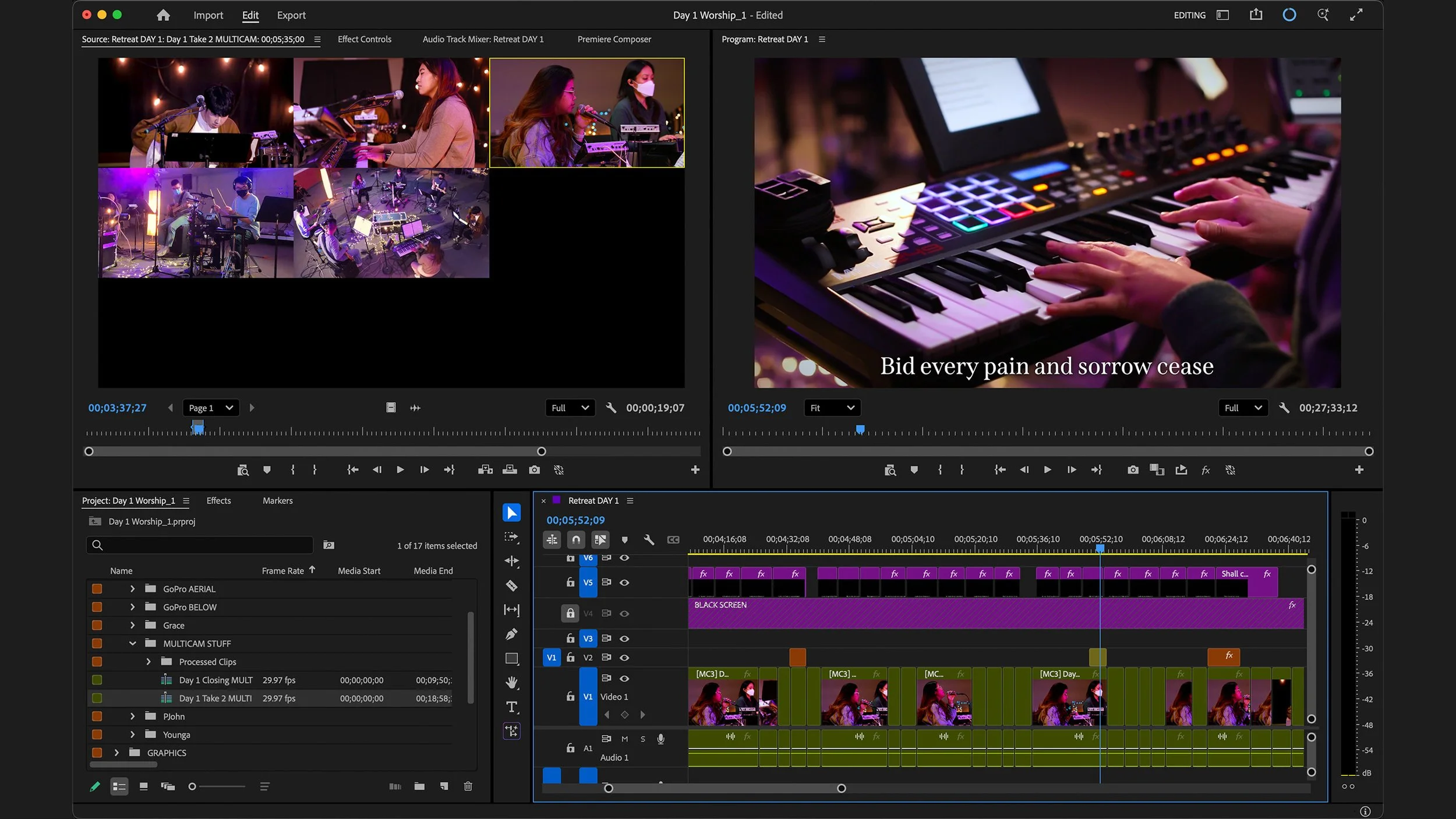 Screenshot of video editing software displaying footage of a musical performance, including multiple singers and musicians, and a close-up of a person playing a keyboard.
