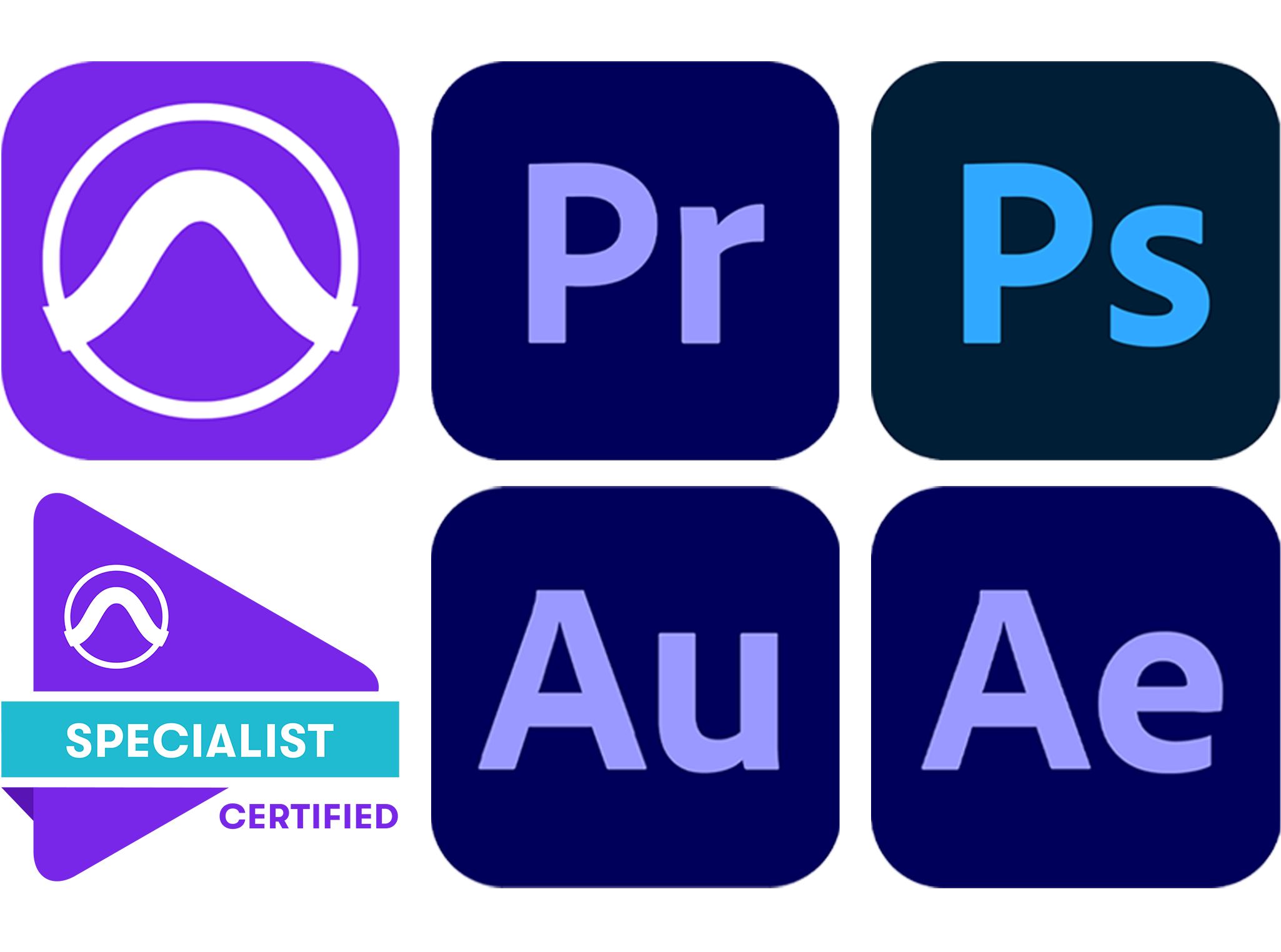 The image displays multiple app icons, including ATLAS, Adobe Photoshop, Adobe Lightroom, and Adobe Acrobat, with some text indicating a special offer or professional service.