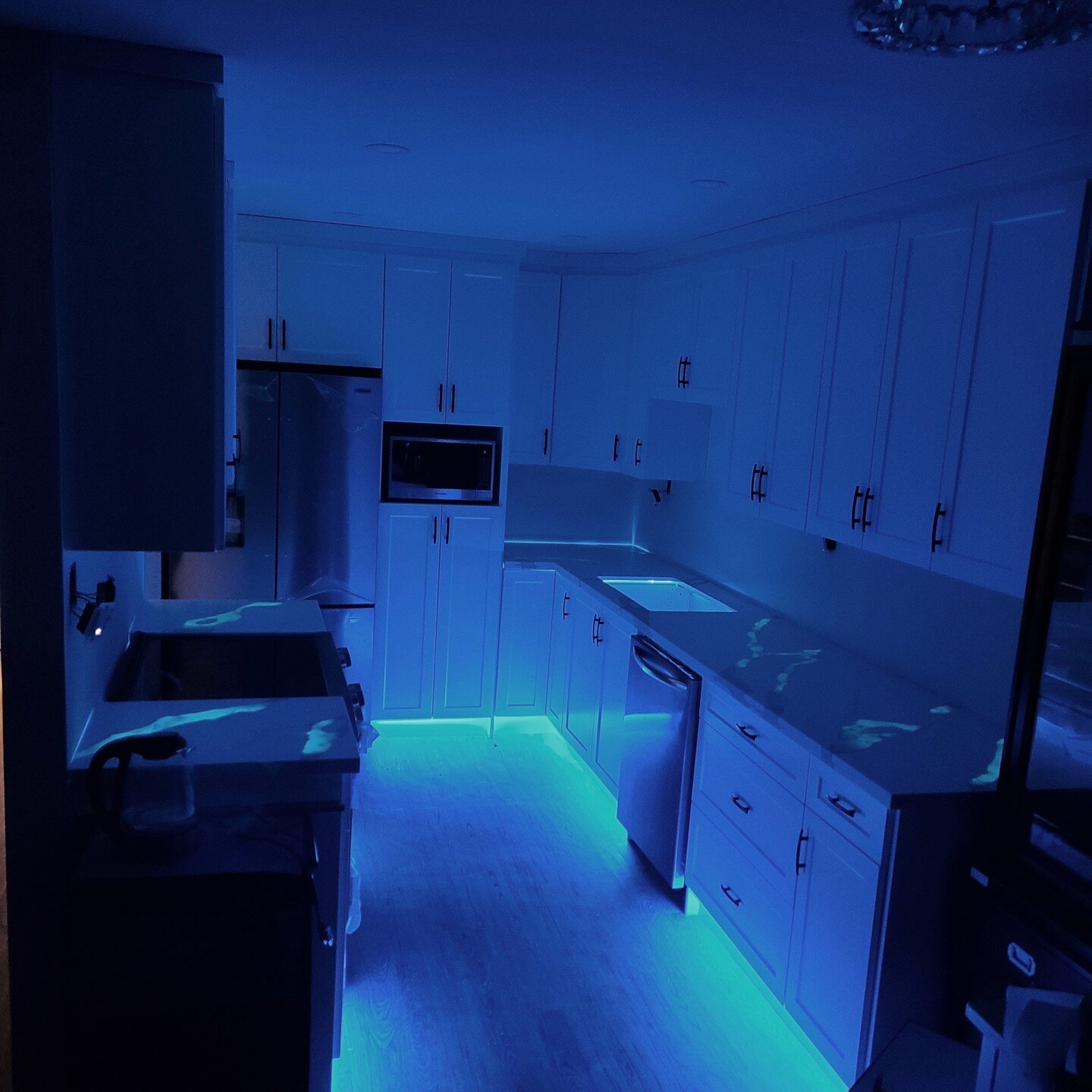 Our friend in Coquitlam was looking for a full kitchen and floor renovation from new appliances &amp;cabinets, vinyl flooring, quartz counters, pot lights, and much more. They also wanted to have a custom look to the room with these custom inset LED 