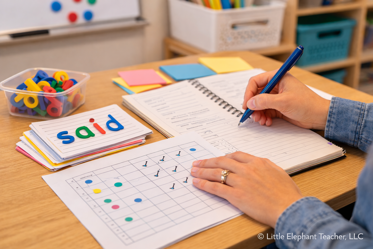 teacher reviewing phonics assessment data to plan reading instruction
