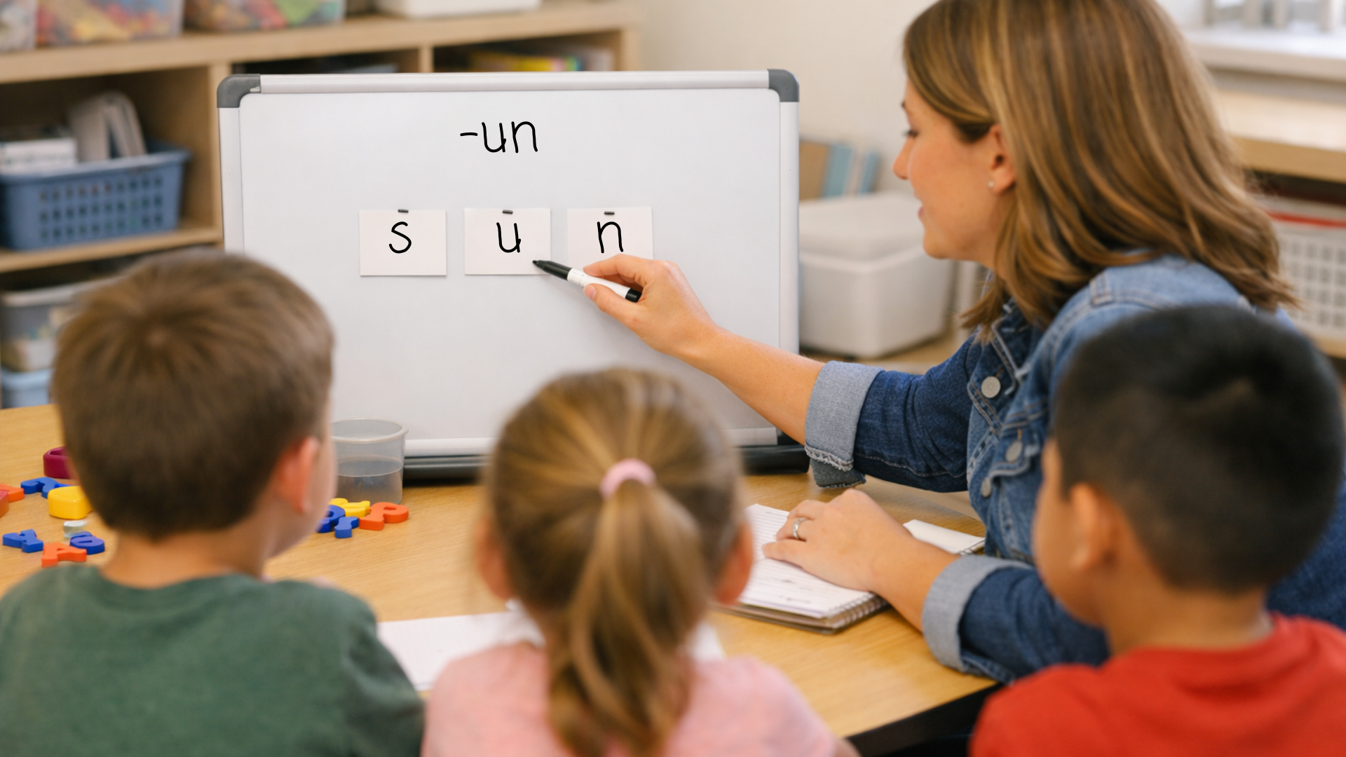 Teacher leading small-group phonics instruction while students decode words